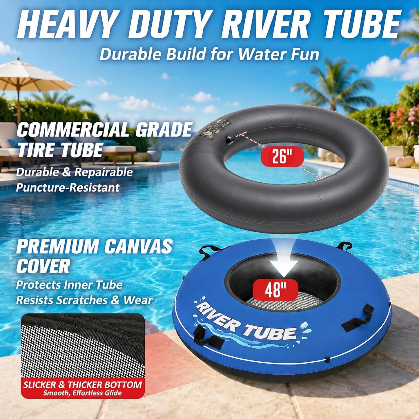 River Tube, 48'' Heavy Duty Rubber River Float Tube with Commercial Grade Inner Tube, Premium Canvas Cover, Removable Cup Holder & Tow Strap, Inflatable Tube for Adults Lake Pool Floating