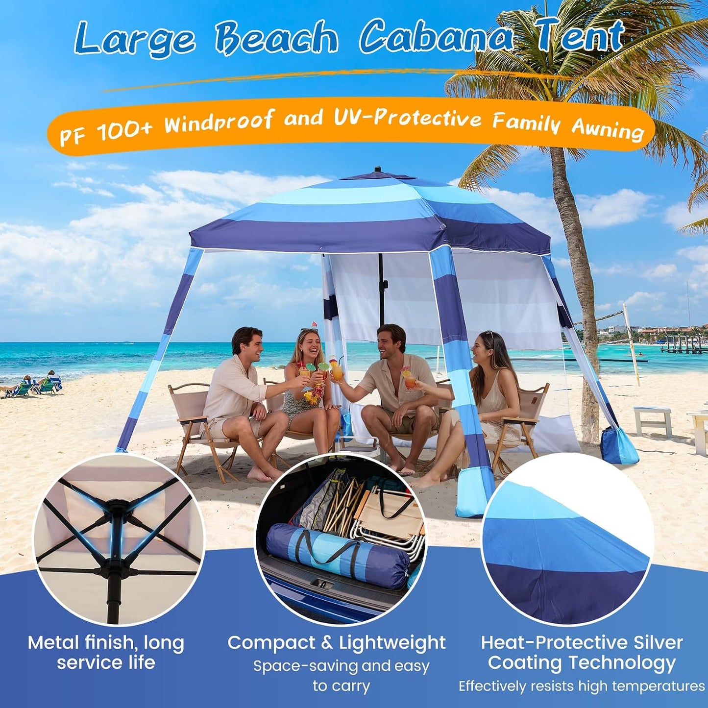 Beach Cabana,Spacious 7.2 x 7.2 FT Beach Cabana Provides Ample Shade for 5-6 People, Perfect for Family Outings; Features 3 Side Curtains for Enhanced Privacy and Wind Protection BLUE
