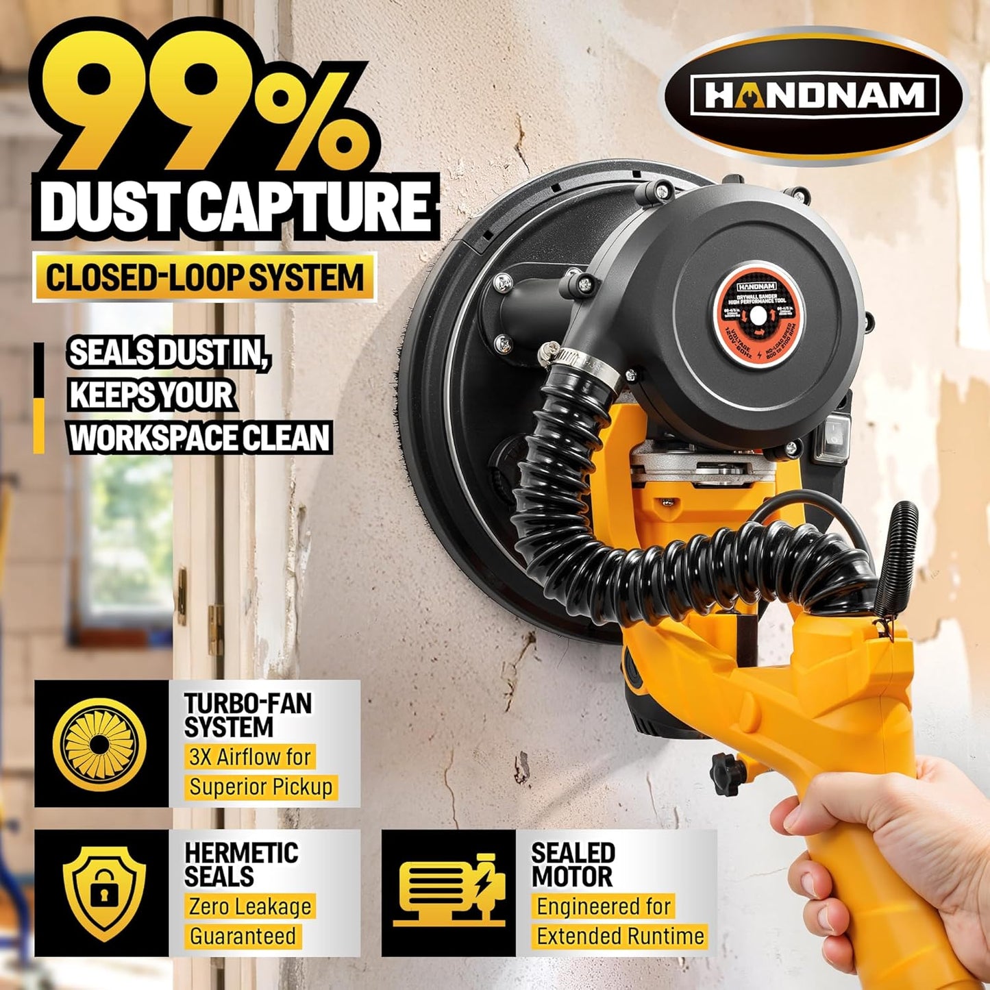 Electric Drywall Sander, 8.5A Drywall Power Sander with Vacuum Dust Collector, 9 Variable Speed 800-2100RPM, LED Light, Dustless Wall Sander for Drywall, Popcorn Ceiling