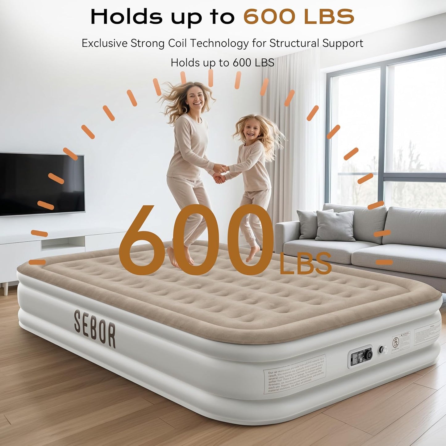 Air Mattress Twin with Built-in Pump 13", Comfortable Self-Inflating Blow up Mattress, Tan