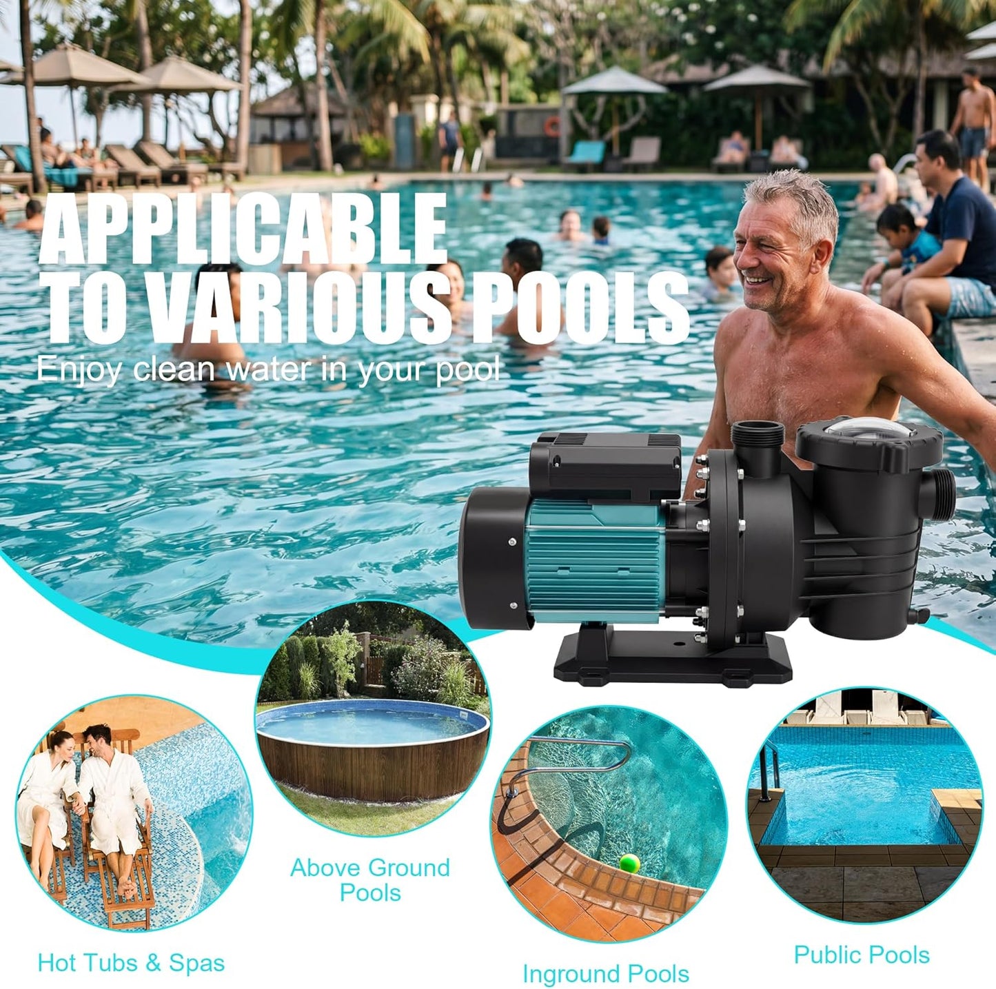 2HP Pool Pump Inground and Above Ground, 6980GPH High Flow Powerful Swimming Pool Pump, 110V Energy Saving with 1.25-1.5'', 1.5'', 2.0'' Unions and Filter Basket 2HP-1
