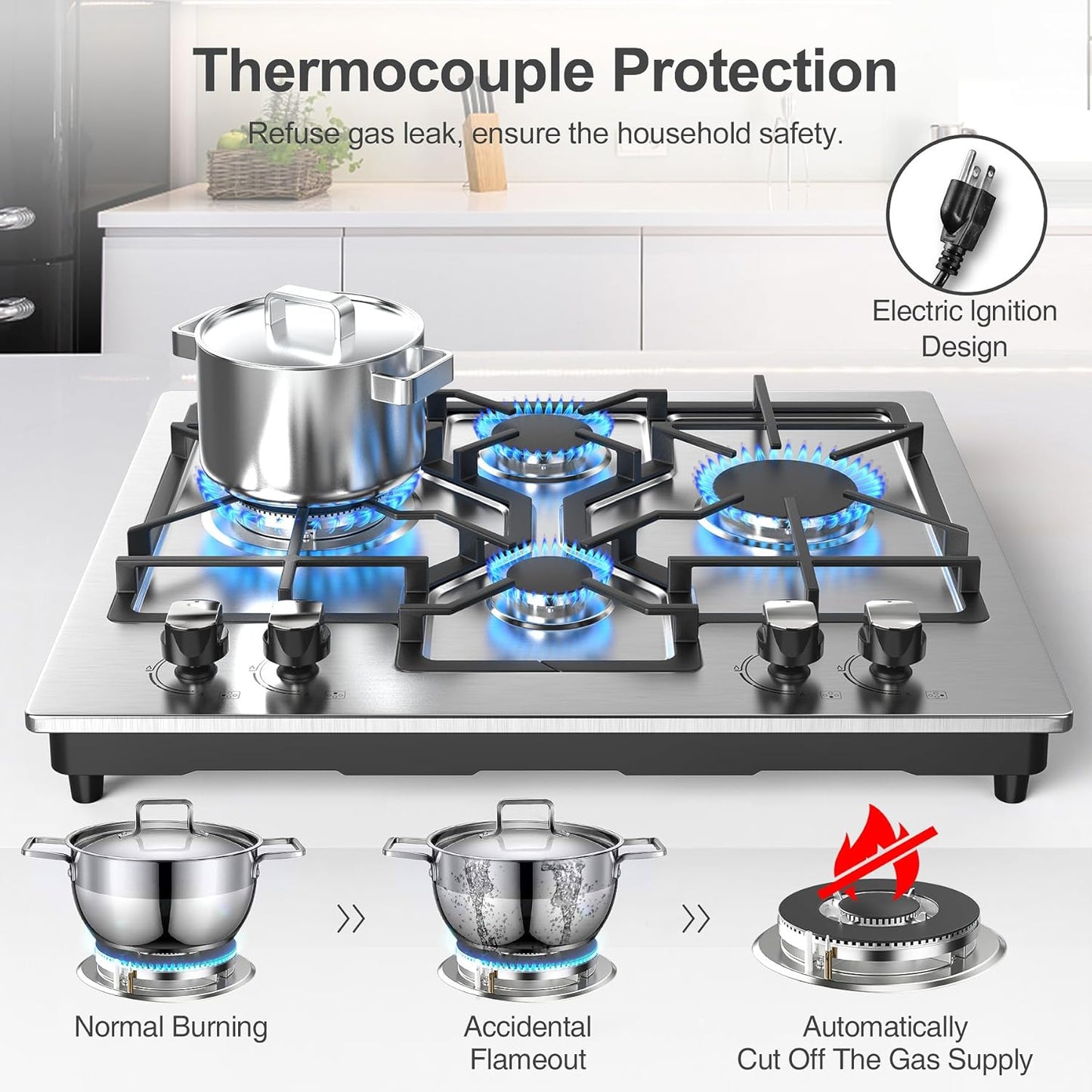 GIHETKUT Gas Cooktop 4 Burners, 23Inch Stainless Steel Gas Stove Top, Built-in Gas Propane Cooktops with Thermocouple Protection, NG/LPG Convertible,