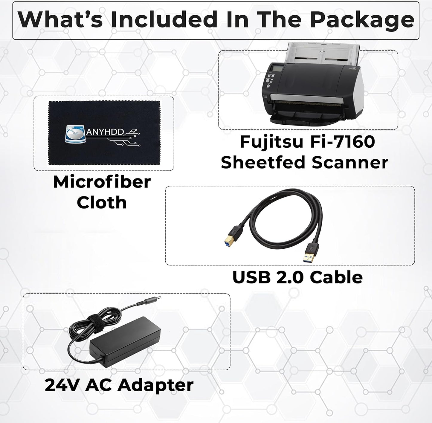 Refurbished Fi-7160 Scanners for Computers - 600 DPI Document Scanner, with 24V Power Cable & USB 3.0 Cable & Microfiber Cleaning Cloth