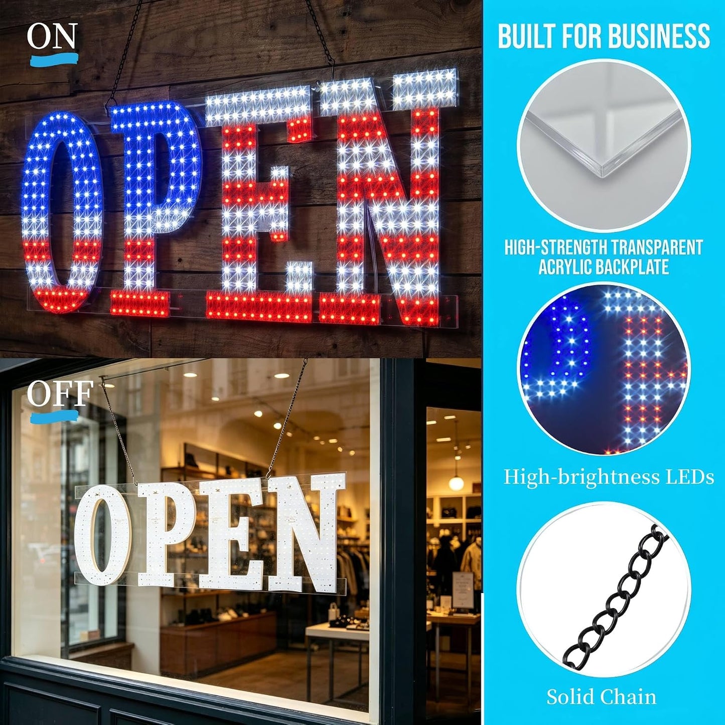 LED Open Signs for Business, 30"x10" Large Dimmable Open Sign