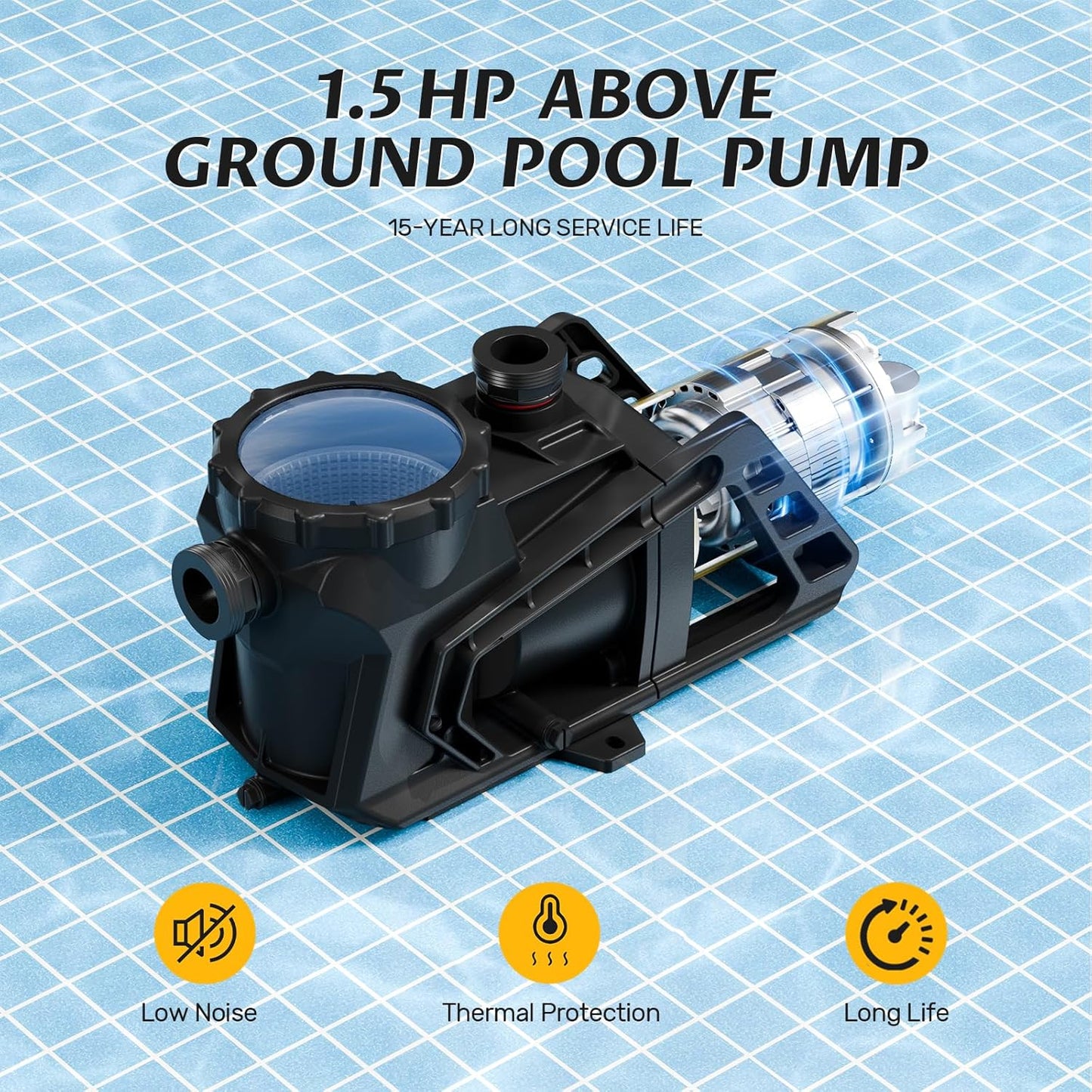 1.5 HP Swimming Pool Pump, 115-230 V Dual Voltage In/Above Ground Pool Pump, High Efficiency Single Speed Motor, Low Noise Pool Pump Inground With