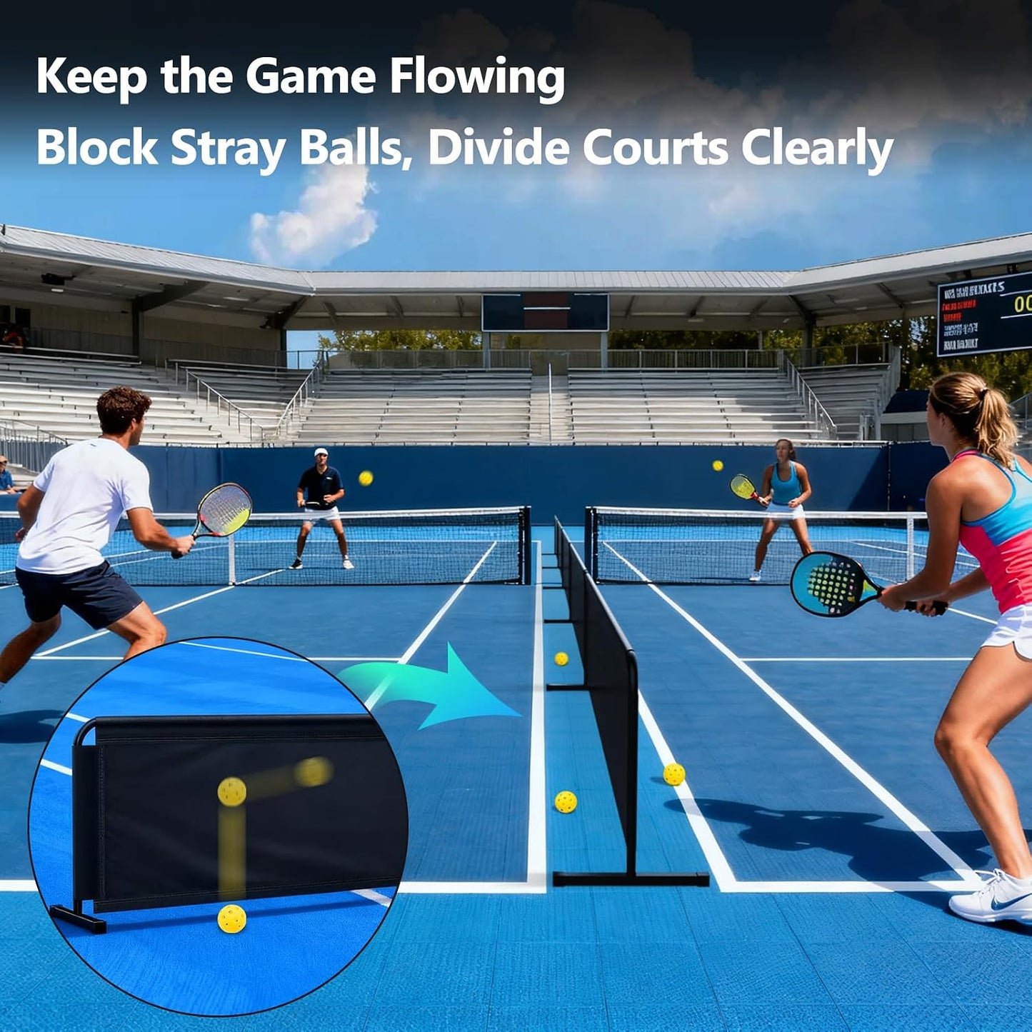 Pickleball Court Dividers, 3 Extra-Large Ball Barrier Panels-10×2.5 ft Each, Portable Pickleball Baffle Barrier to Block Stray Balls, Pickleball Field Fence (Upgrade All-Black, 3)