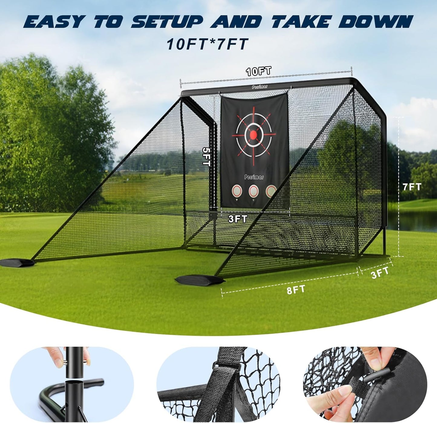 Golf Net Practice Hitting Net Golf Cage,10x7ft Heavy Steel Frame with 2 Net Side Barriers,for Backyard Driving Chipping Swing Training, Home Golf