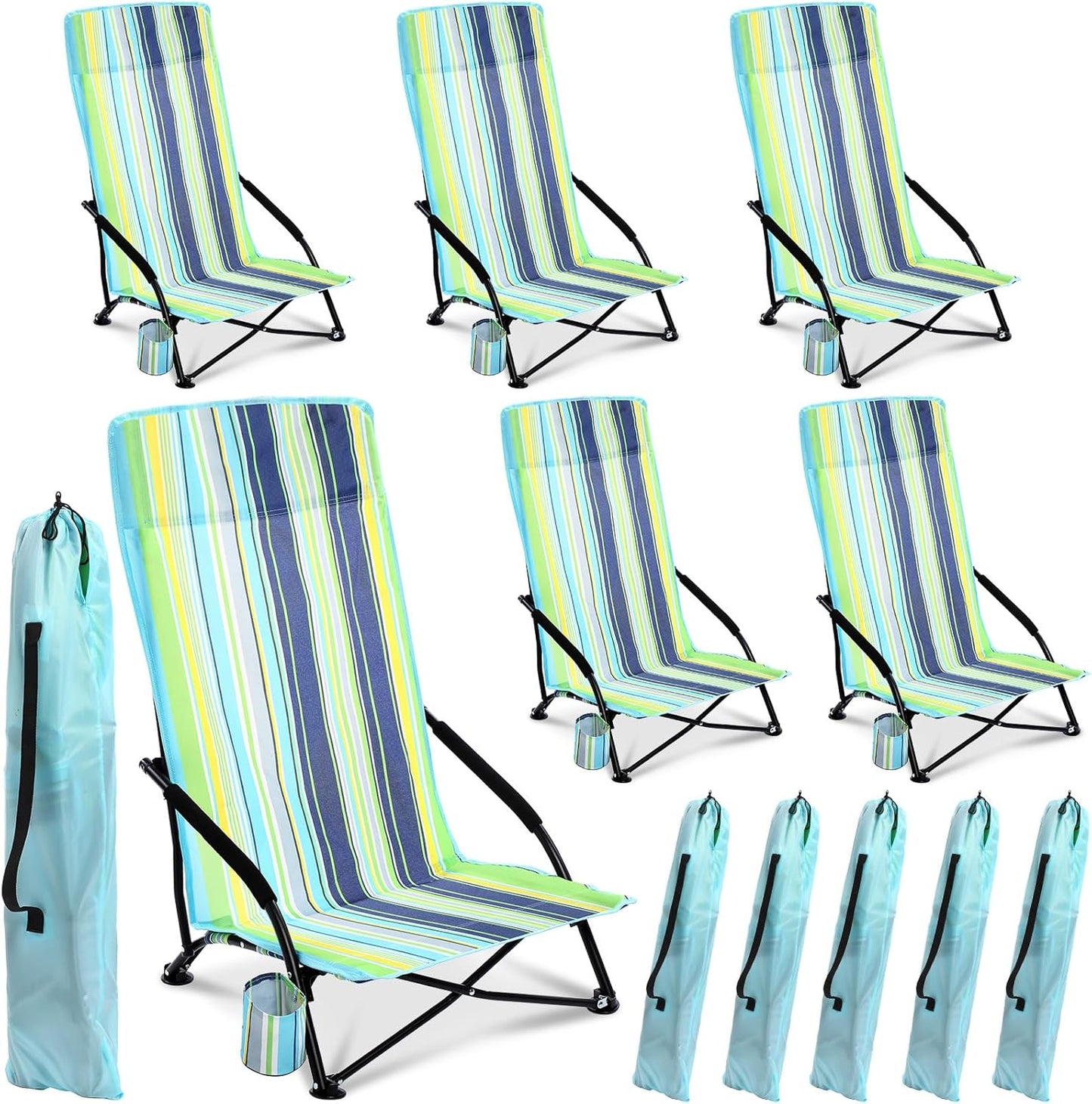 Menkxi 6 Pack Low Beach Chairs for Adults, Folding Camping Chair with Cup Holder Carry Bag, 300 LBS Portable Low Seat Camping Chair for Outdoor Sand