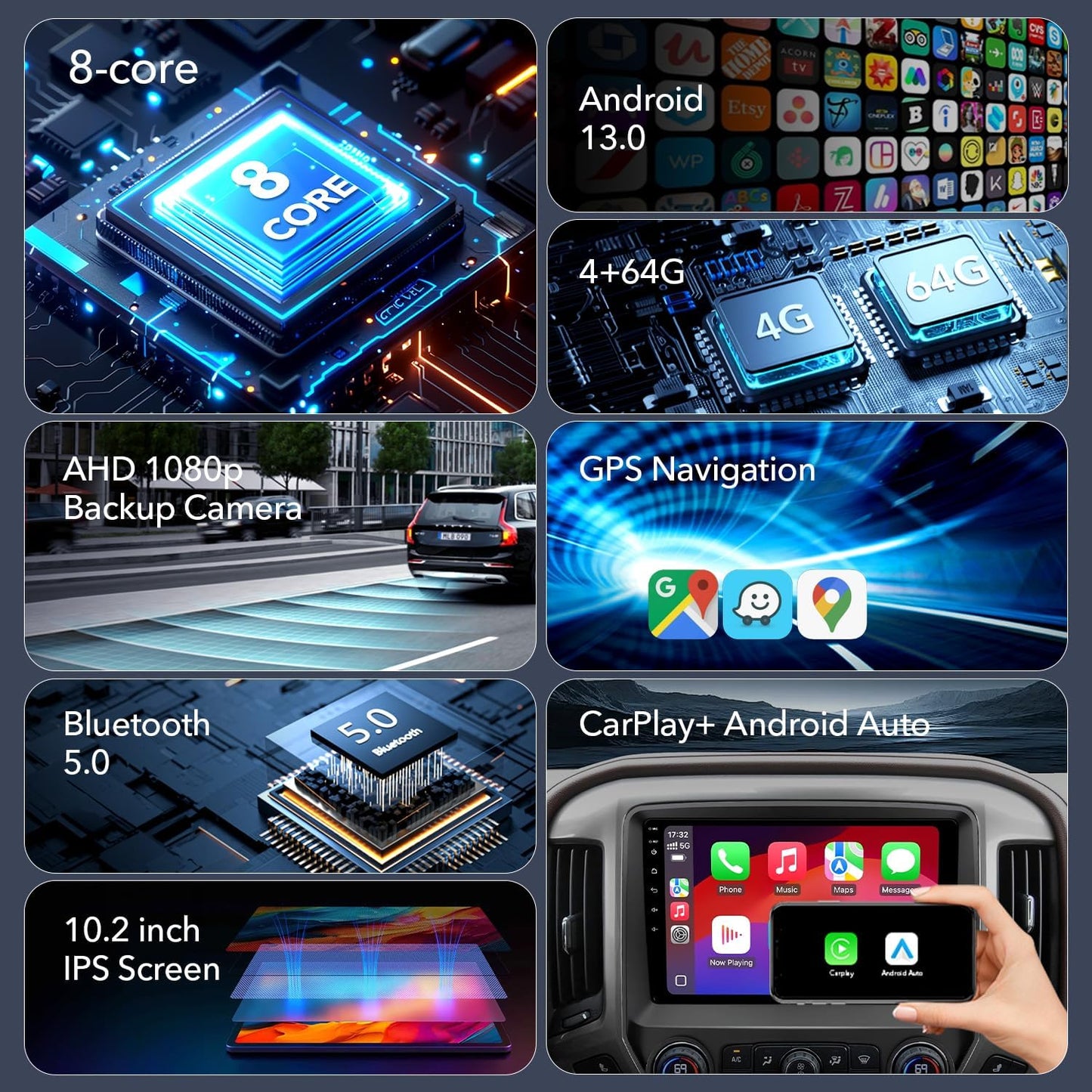 8Core 4+64GB Android 13 Car Radio Stereo for Jeep Wrangler JK Compass Grand Cherokee Dodge Ram, 10.2" QLED HD Touch Screen Head Unit with Carplay/Android Auto/5GHz WiFi/DSP/1080P Backup Camera/AM & FM 10.2'' QLED TOUCHSCREEN