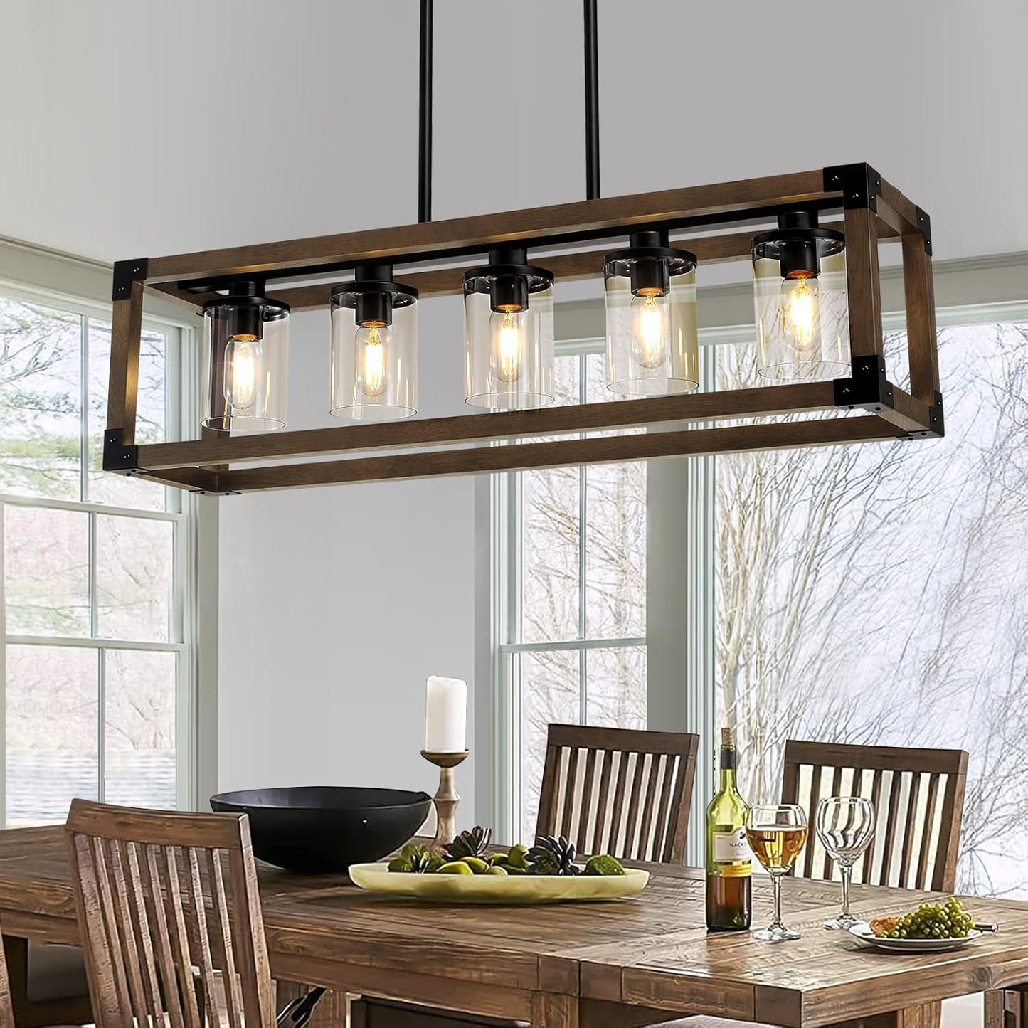 5-Light Kitchen Island Lighting, 35.4-Inch Hanging for Farmhouse Linear Chandeliers,Dining Room Light Fixture/Chandelier Over Table,Black Rustic