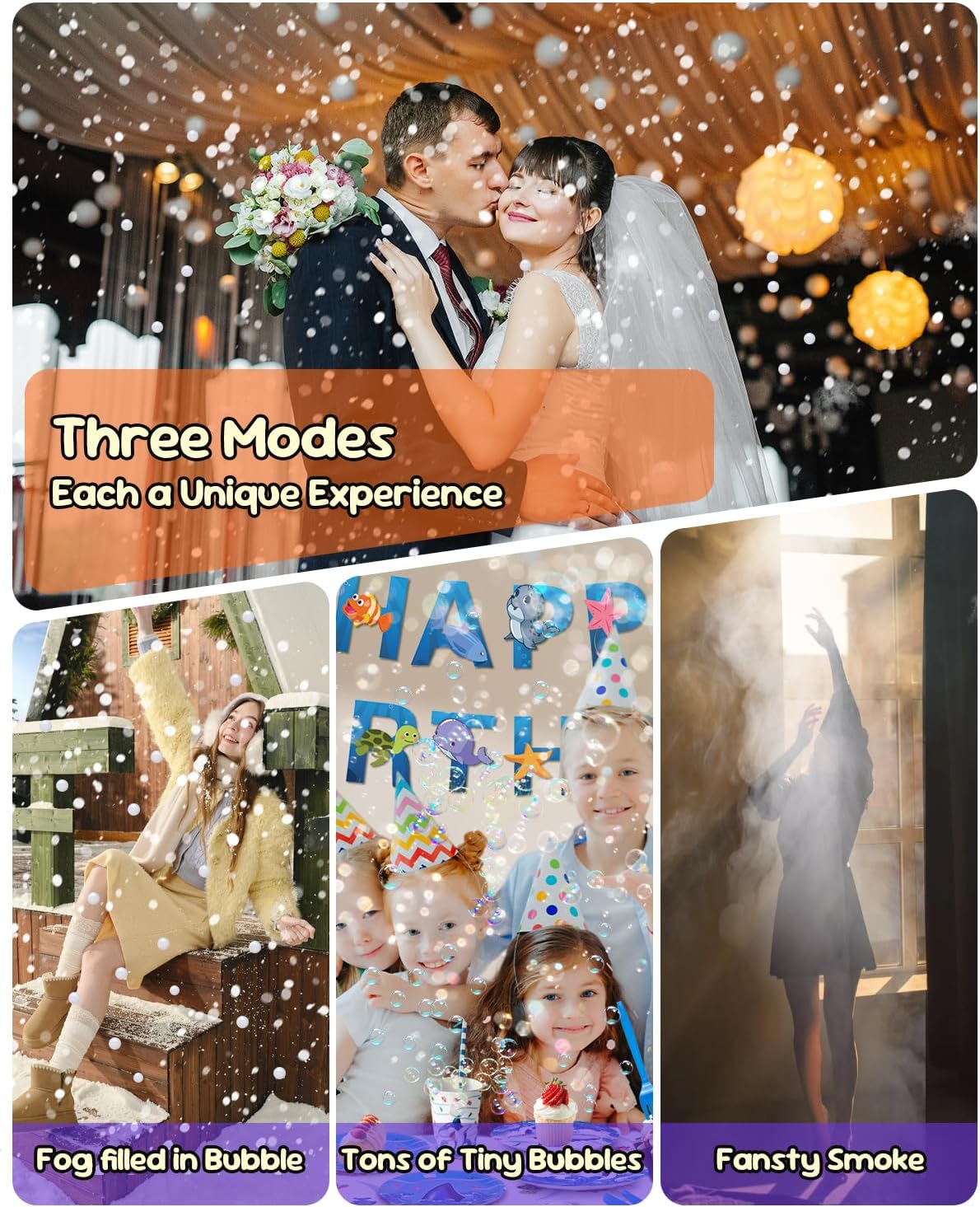 Smoke-Filled Bubble Machine, 450W Super Low Noise Fog Bubble Blower with Remote Control, 3-in-1 Modes, Creates Snow-Like Fog Bubbles, 8000+ bubbles Per Min, Ideal for Christmas Party Wedding Stage