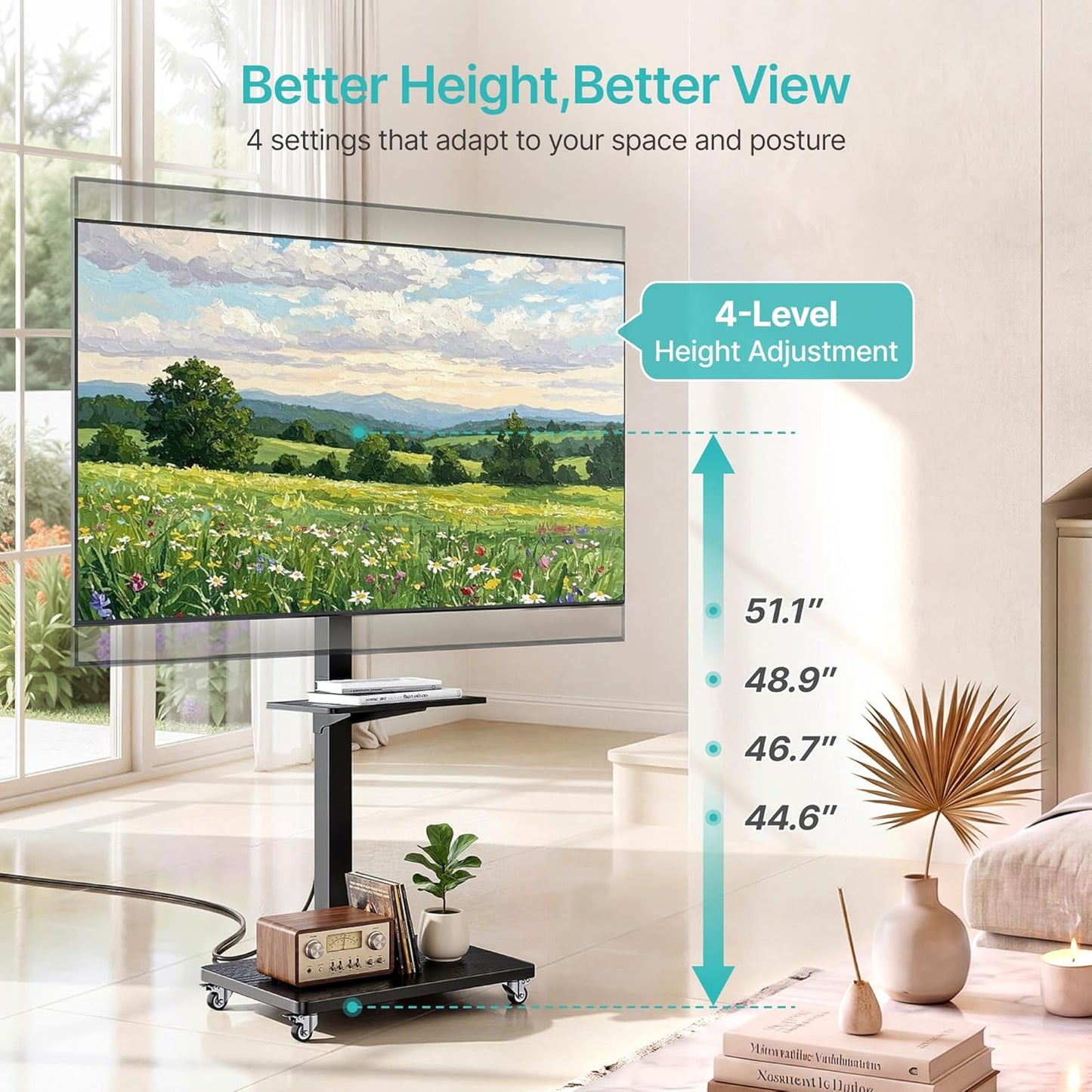 Rolling TV Stand with Power Outlet for 32-75 Inch TVs up to 110 lbs, Mobile TV Stand on Metal Wheels, Tilt & Swivel Portable TV Cart with Mount, Height Adjustable TV Cart with Wire Management