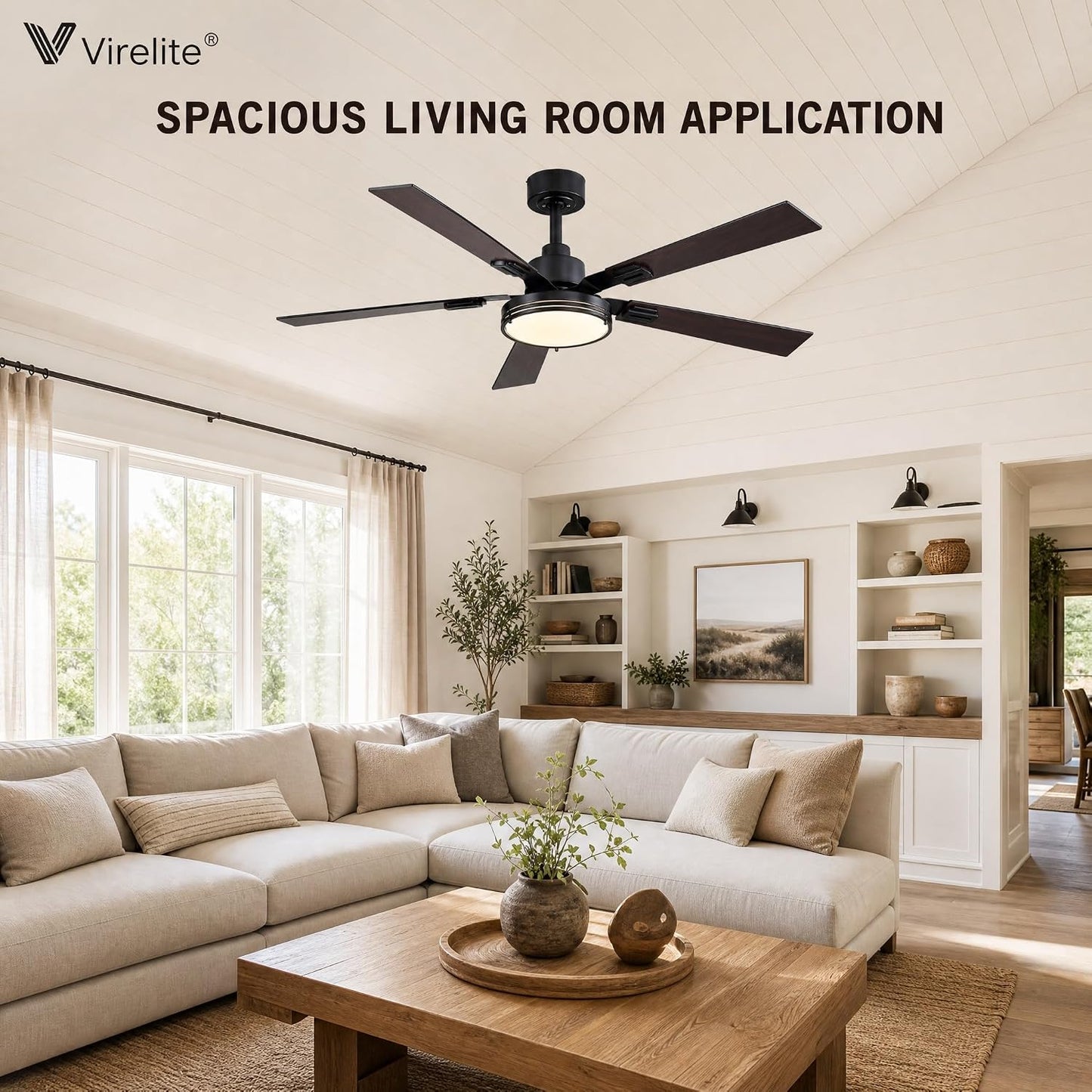 52" Ceiling Fan with Light, Farmhouse DC Motor Ceiling Fan with Remote & APP Control, 6-Speed Reversible, 3CCT Dimmable LED, 5 Walnut Blades for Living Room Bedroom 1