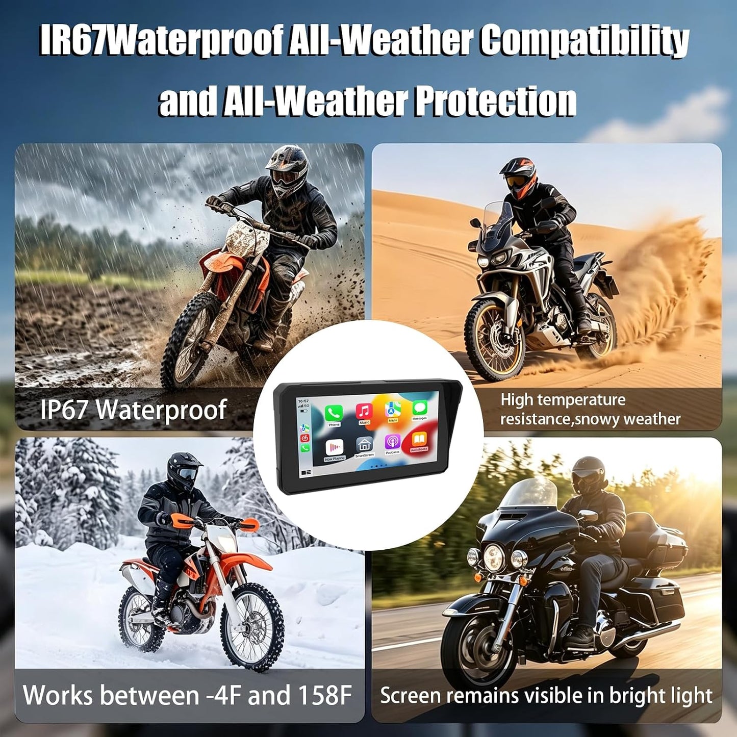 7-Inch Motorcycle CarPlay with TPMS, Apple CarPlay & Android Auto, Portable Display, Dual Bluetooth, Motorcycle Mount Included 7in