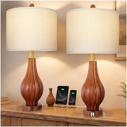 Scenekoy 26.5" Solid Wood Table Lamp Set of 2, 3-Way Dimmable Table Lamp