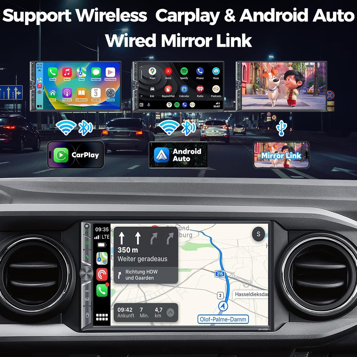 7" Double Din Car Stereo with Wireless CarPlay and Android Auto, Bluetooth 5.3, MirrorLink, Touchscreen, FM/AM Car Audio Receiver