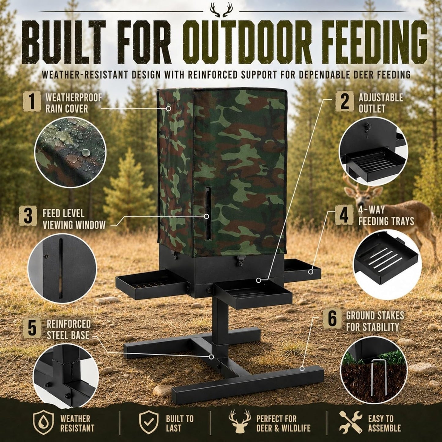 50 lbs Deer Feeder with 4 Feeding Tray, Gravity Deer Feeder with Adjustable Feed Outlet, View Window, Weatherproof Camo Cover, Metal Deer Feeders for Woodland, Farm, Ranch & Hunting Grounds