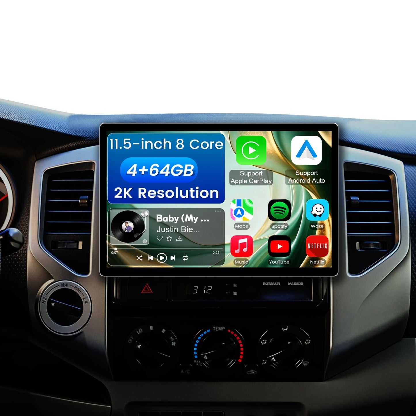 11.5 Inch 8 Core 4GB+64GB Car Radio Stereo for Toyota Tacoma 2005-2015, 2K Touchscreen Android 13 Head Unit with Wireless CarPlay & Android Auto, 1080P Backup Camera, GPS Navigation, SWC, AM/FM Radio