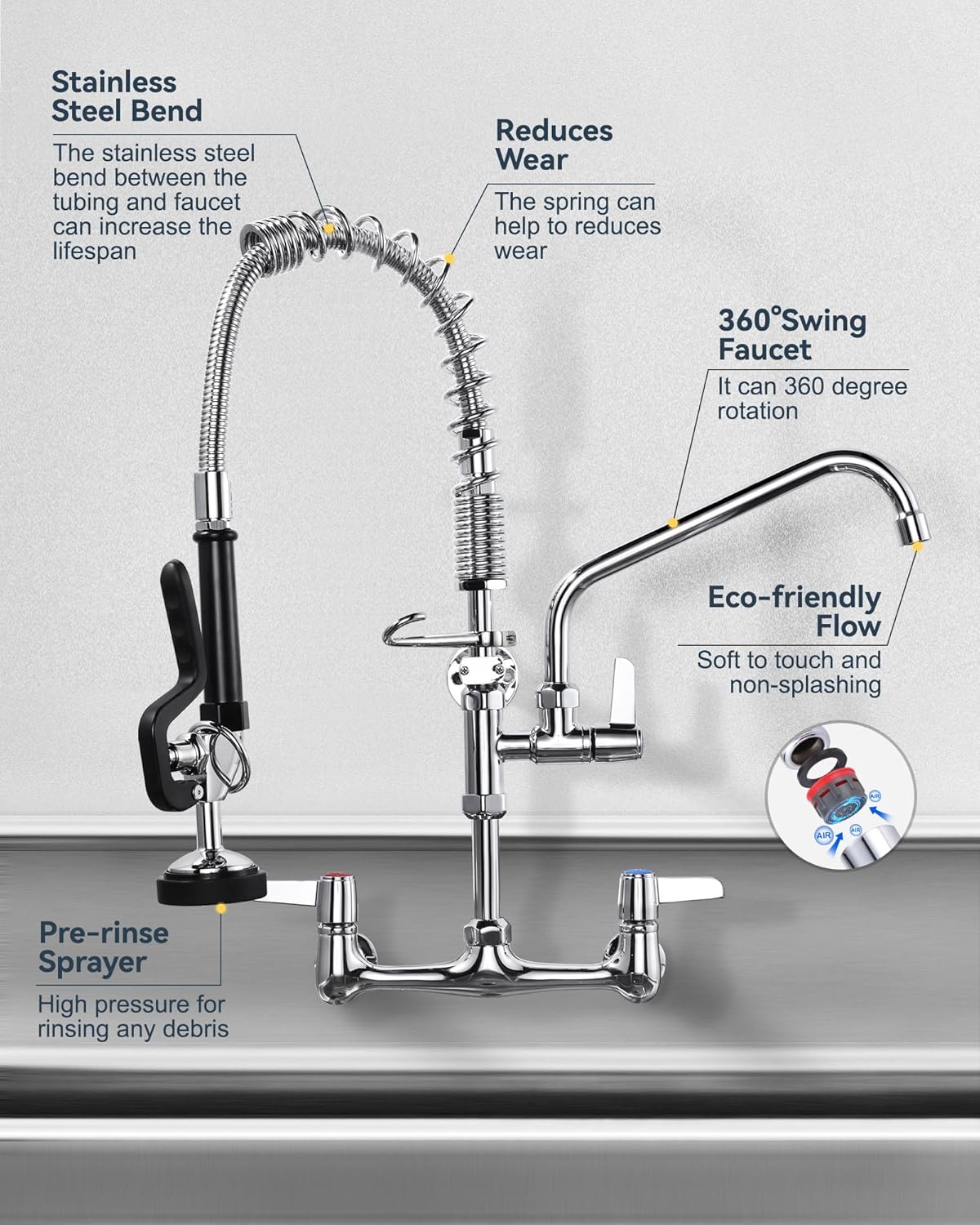 Commercial Kitchen Faucet Wall Mount: with Pre-Rinse Sprayer - ARCORA Industrial Restaurant 21&#34; Height 8&#39;&#39; Center Compartment Sink Faucet