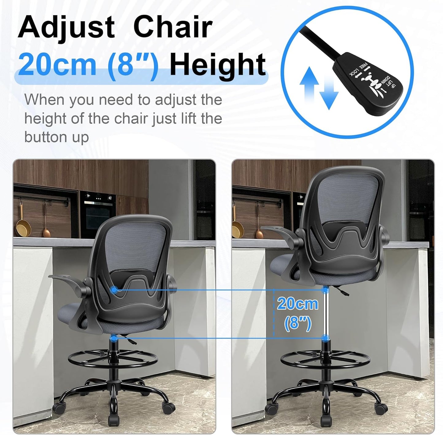 Drafting Chair Tall Office Chair with Flip-up Armrests, Adjustable Height