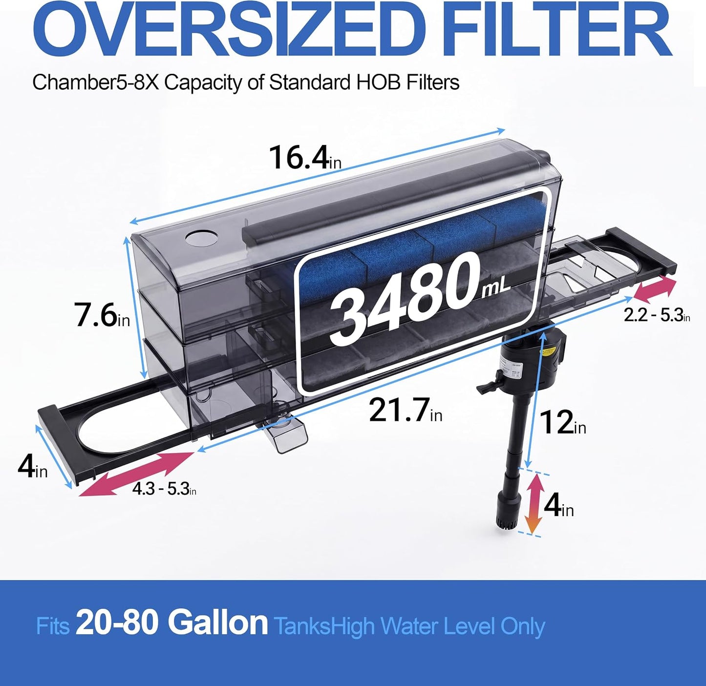 3-Tier Wet-Dry Trickle Aquarium Filter, Smoke Clear Filter Box, 476 GPH 3-in-1 Water Pump, Ultra Quiet, Adjustable Bracket, Easy Maintenance, For 20-80 Gallon Freshwater Saltwater Turtle Tanks