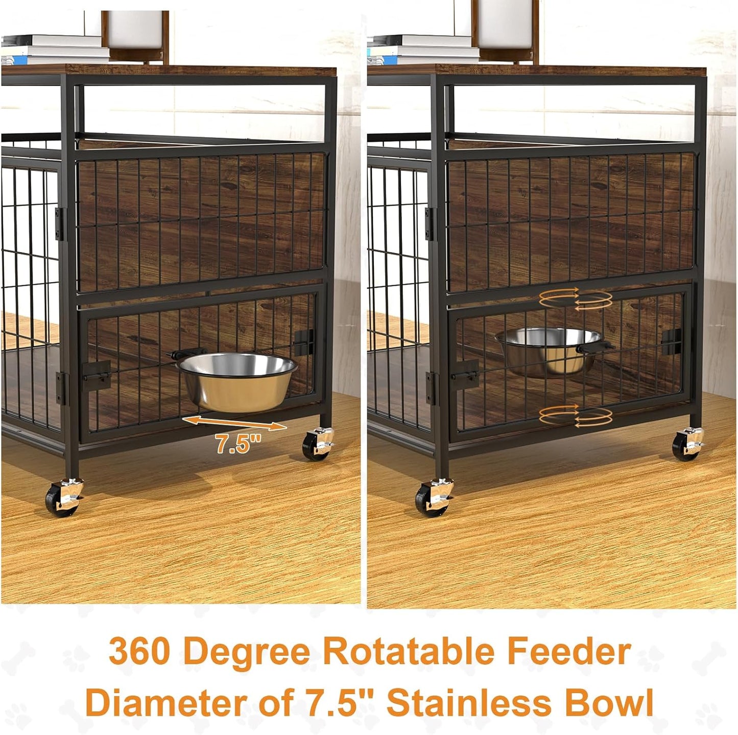 31' Dog Crate Furniture, Heavy Duty Wooden Side End Table, Indoor Dog Kennel Furniture for Small/Medium Dog, Double Doors & 360 Degree Rotating