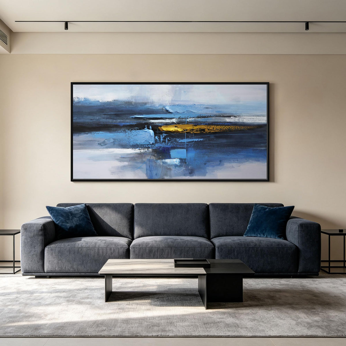 KLAKLA Abstract Wall Art Canvas Framed Picture for Living Room 48x24 Inches Blue and White + Black Framed 48"L x 24"W