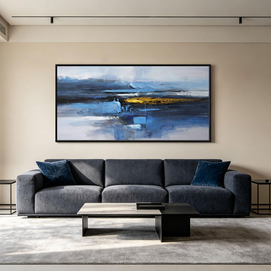 KLAKLA Abstract Wall Art Canvas Framed Picture for Living Room 48x24 Inches Blue and White + Black Framed 48"L x 24"W