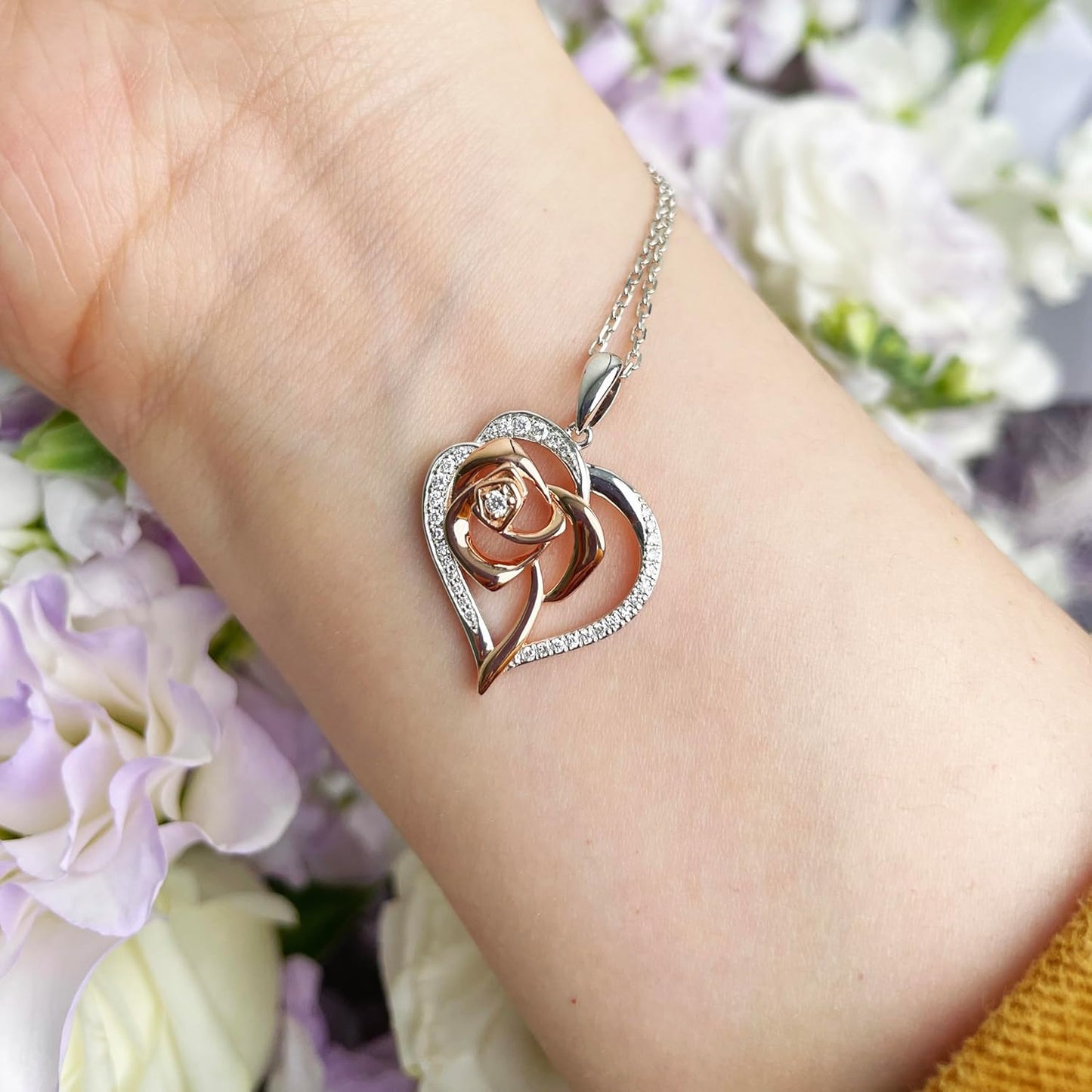 Rose Heart Silver Necklace for women.Lead and Nickel FREE Sterling Silver Womens Jewelry Necklaces For Teen Girls, Mothers Day Necklace, Friendship