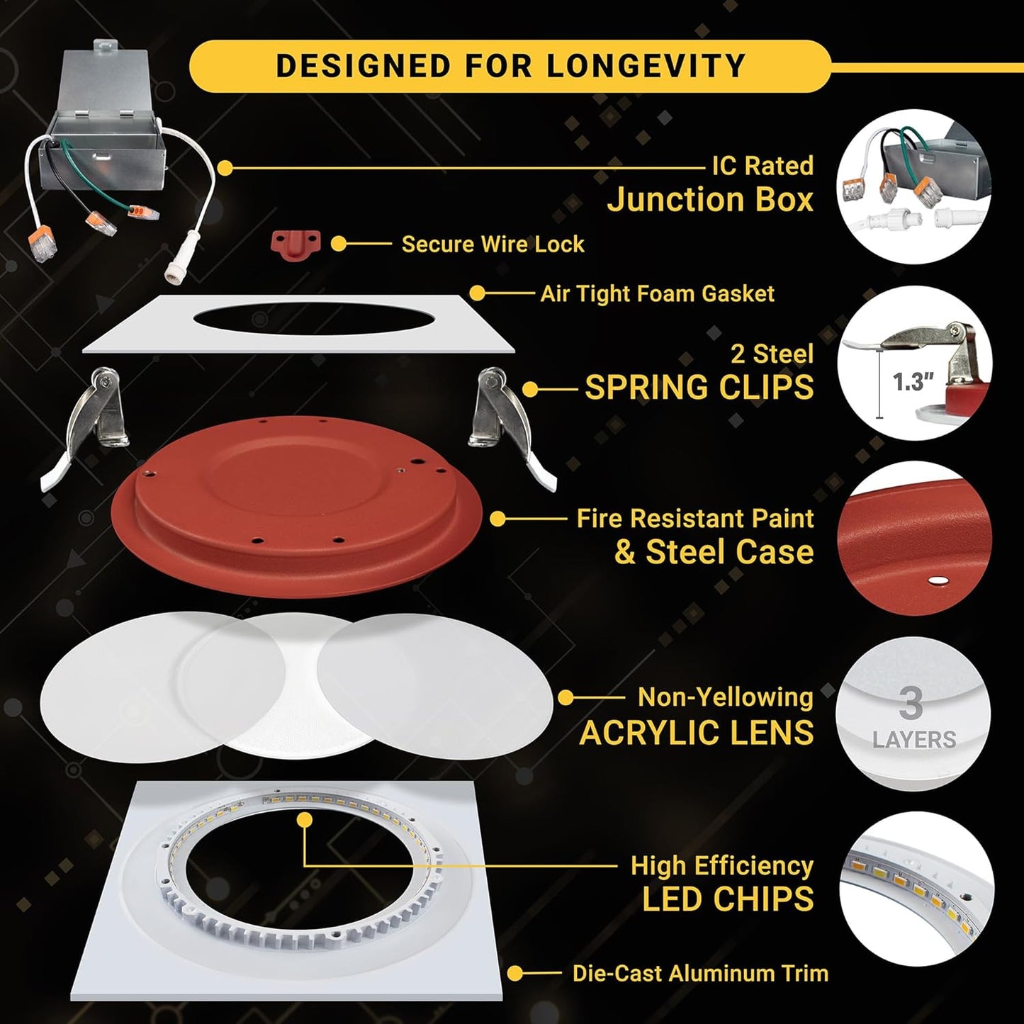 12 Pack, 3 Inch 2 Hour FIRE RATED LED Square Recessed Lighting, 27K/30K/35K/40K/50K Selectable