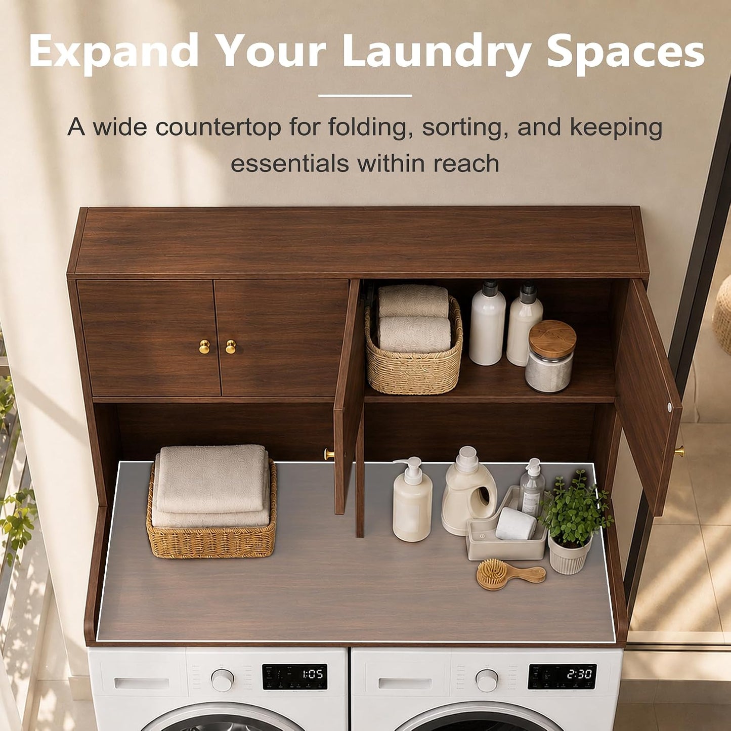 Washer Dryer Countertop with Cabinets, Laundry Countertop with Shelf, Washer and Dryer Topper with Edge, Over Washer and Dryer Shelves for Laundry Room Storage Organization, Universal Fit Walnut Dual