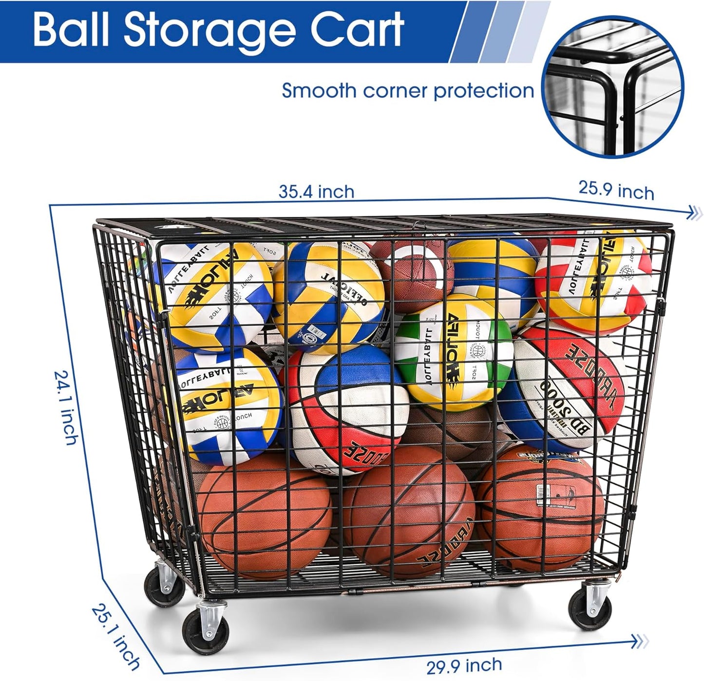 Mythinglogic Rolling Sports Ball Storage Cart, Sports Lockable Ball Storage Locker with Elastic Straps, Stackable Ball Cage for Garage Storage Garage