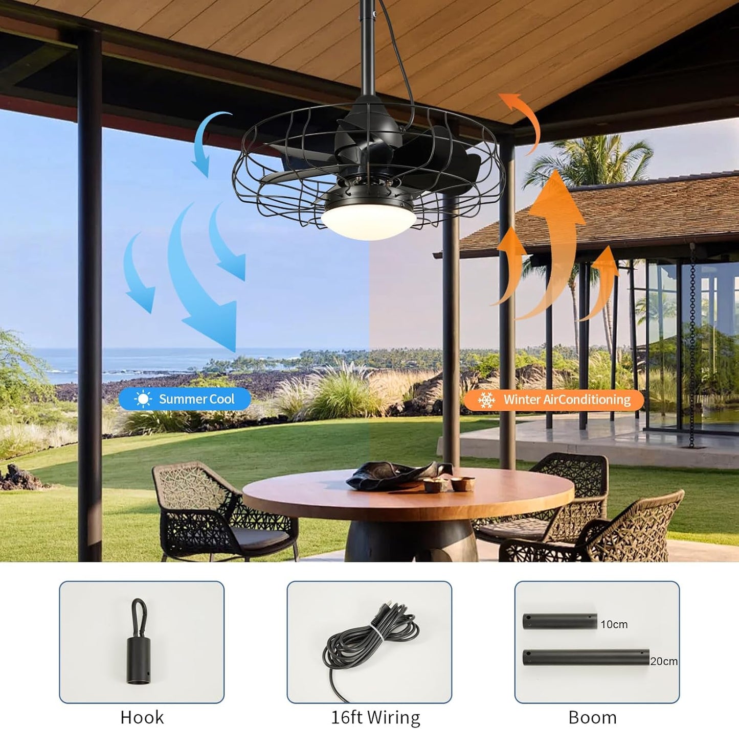 Powfloven 19&#39;&#39;Vintage Waterproof Black Outdoor Ceiling Fans with Lights, Plug in Wet Rated Gazebo Fan Light wit