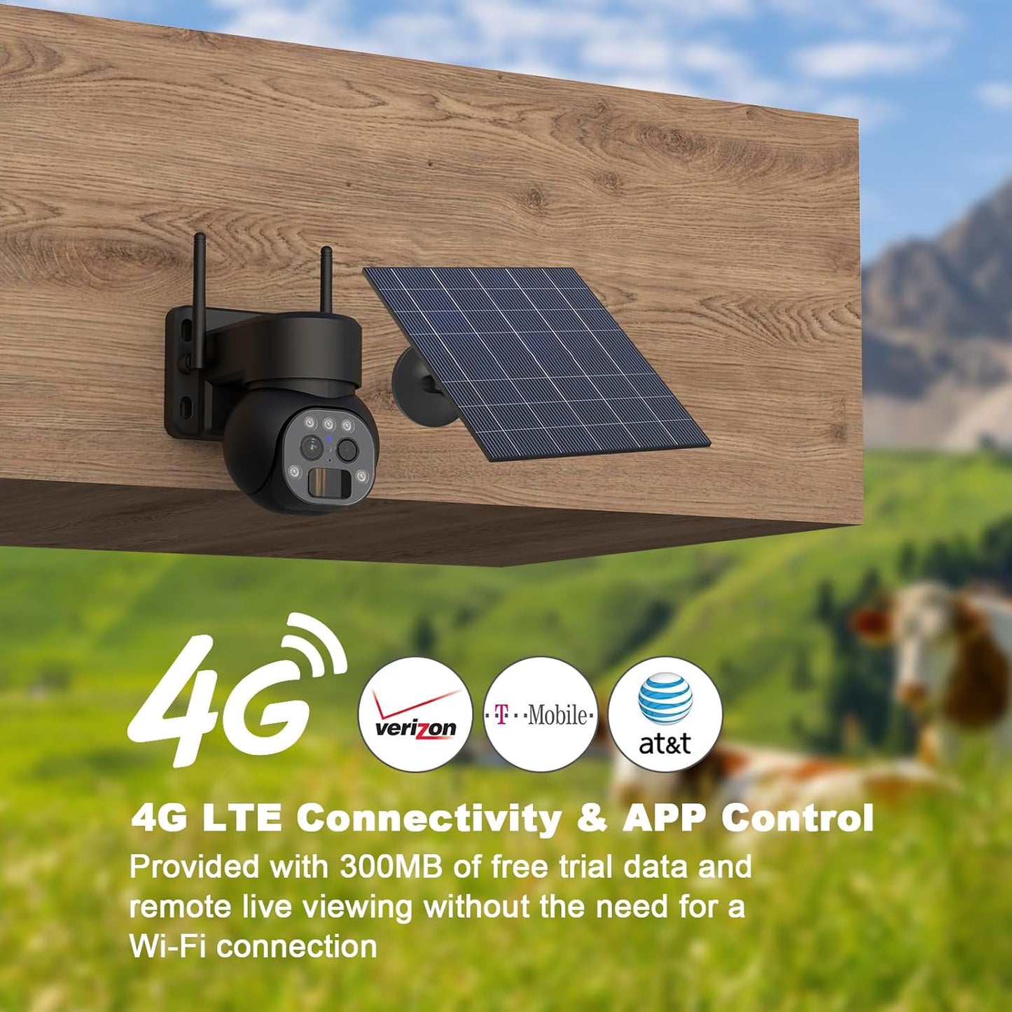 4G LTE Secuiryt Camera with 12X Hybrid Zoom, Dual-Lens Solar Power CCTV Camera with 9000mAh Battery,300MB Sim Card, 5W Solar Panel,PTZ 360 View