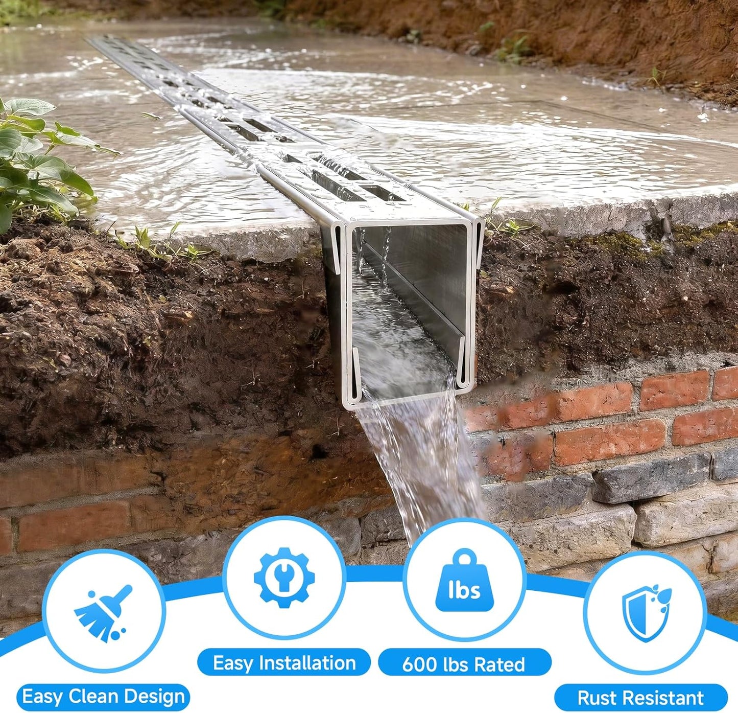 Channel Drain 1.97" W x 3.25 FT L x 2.76" H, 304 Stainless Steel Pool Deck Drain Channel with Connector for Pool Decks, Patios, Courtyards, Walkways and Pavers W1.25"H1.57"-3.3ft