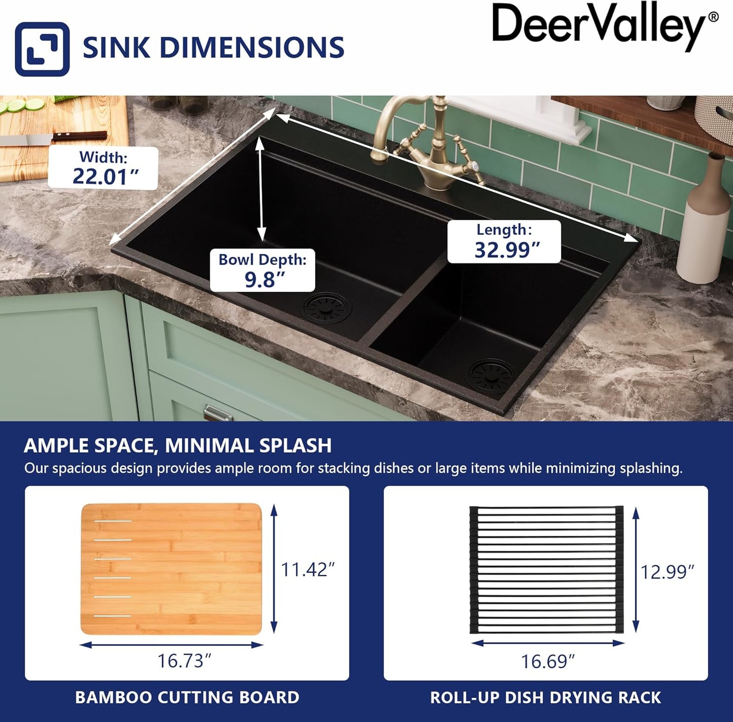 DeerValley Granite Composite Drop In Kitchen Sink - 33 x 22 inch Double Bowl Kitchen Sinks, Large Top Mount Kitchen Sink with Integrated Ledge, Matte