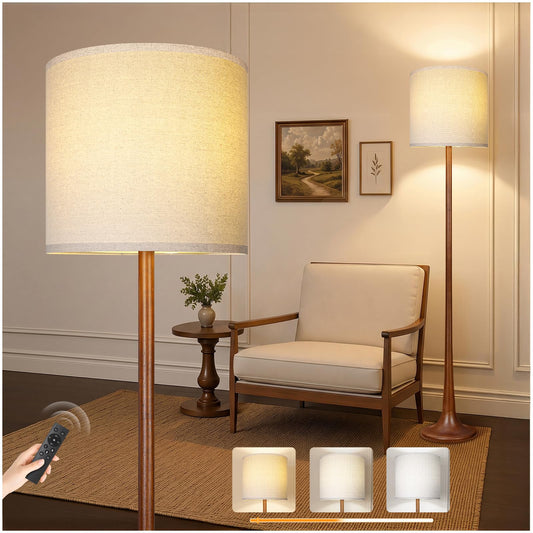 Scenekoy 65” Tall Solid Wood Modern Floor Lamp w/Remote, Stepless Dimmable | Mid-Century Standing Lamp for Living Room Bedroom, 3 Color Temperature, 1H Timer, Updated Linen Shade, Aesthetics Home Decor Round