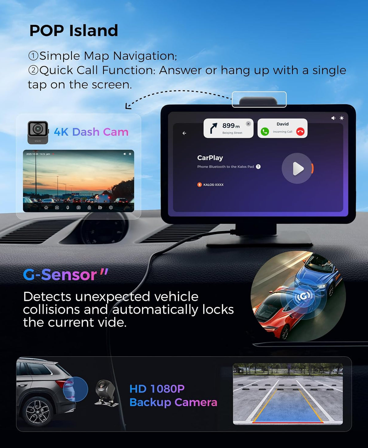 KALOS PAD Wireless Carplay Screen for Car 4K Dash Cam, 9" Carplay & Android Auto Car Stereo, with 1080p Backup Camera, BOE LCD/Mirror Link/Gesture Control/POP Island