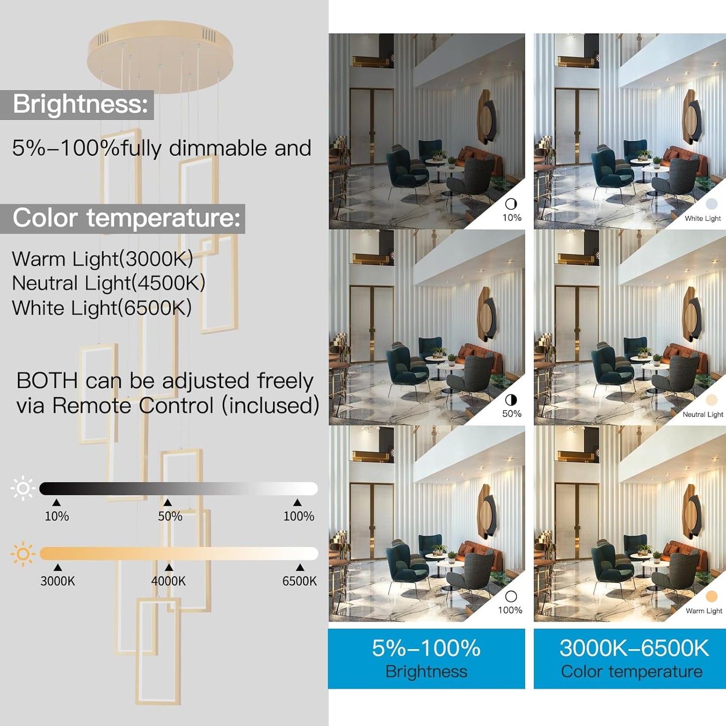 Modern LED Chandelier 10 Rings Rectangle Chandelier Dimmable With Remote Control Gold Pendant Light 120in Adjustable Height Long Staircase