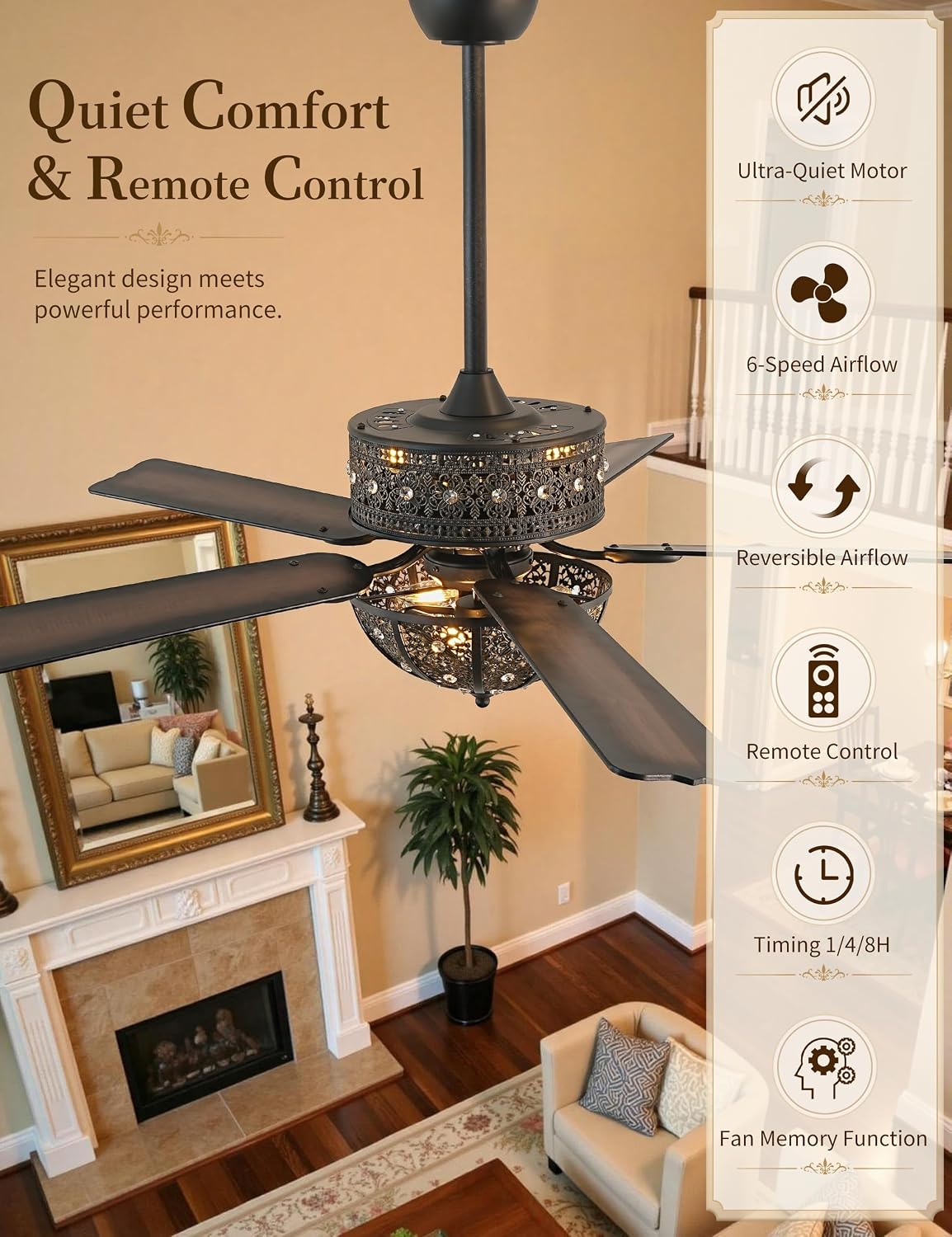 52 Inch Vintage Chandelier Ceiling Fan with Light, Antique Bronze Fandelier