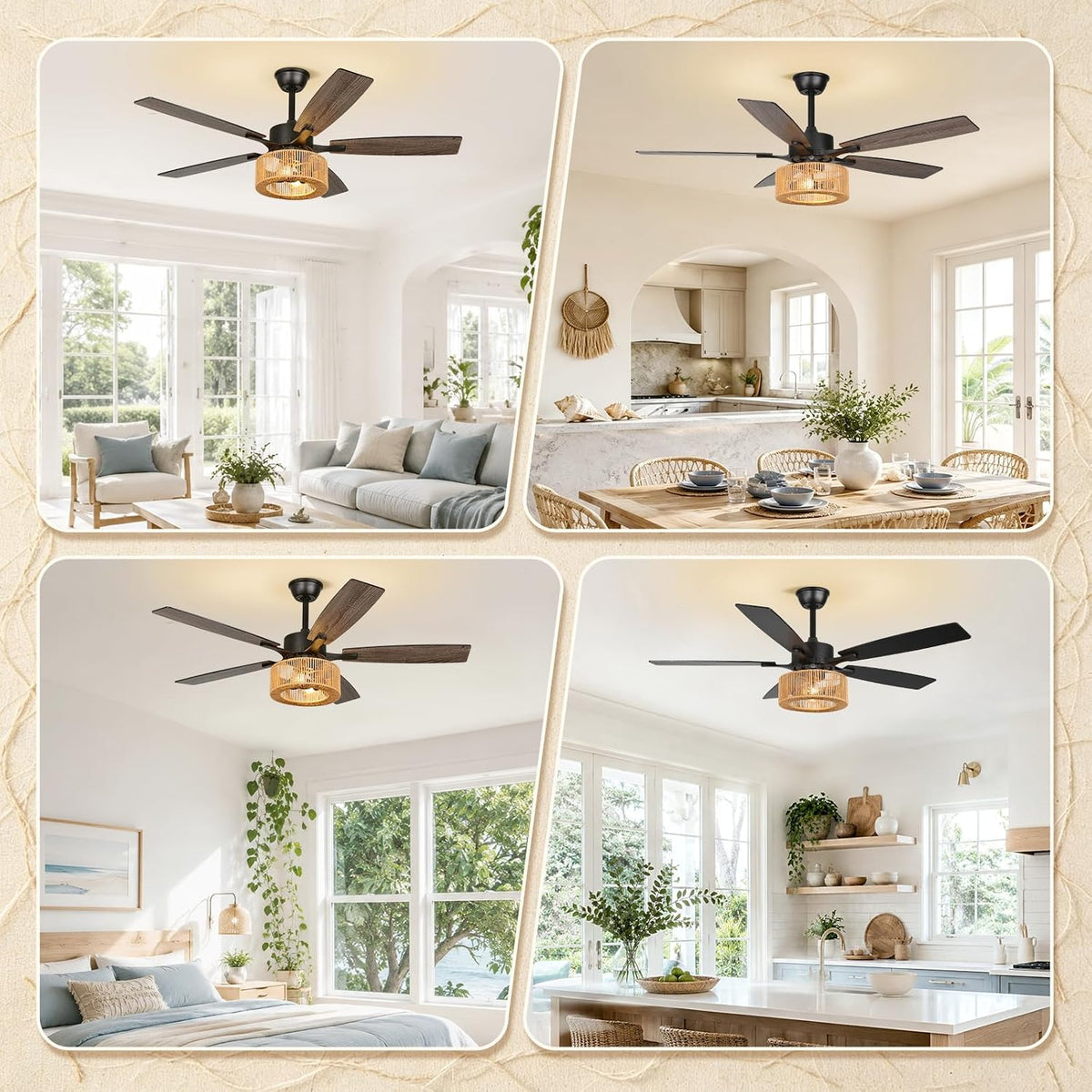 52In Boho Fandelier Ceiling Fan with Light, Hand-Woven Rattan Shade Beige