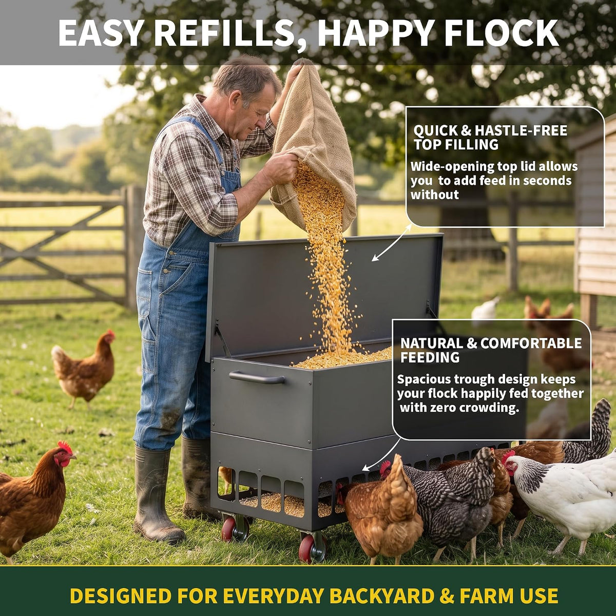 Metal Chicken Feeder for Poultry Coop, Heavy Duty No Waste
