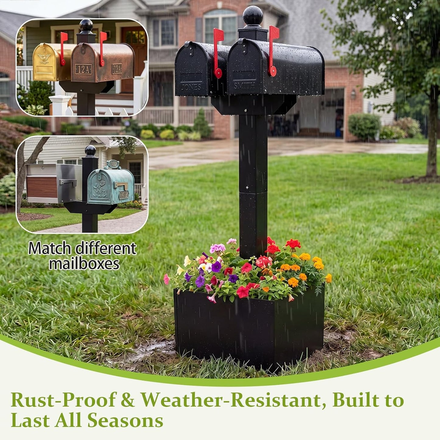 Colingmill Double Iron Mailbox Post with Planter Box for Outside, 65.35 x 4 x 4 Inch, Black Steel Mount for 2 Mailboxes, Heavy Duty Architectural Stand with Brackets (Mailbox Not Included)