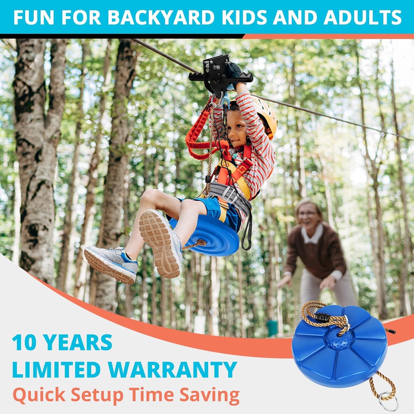 Zip Line Kit for Kids Adults : 200FT Up to 450Lbs - Quick Tighten Zipline for Backyard Outdoor with 100% Rust Proof Removable Trolley Seat Spring