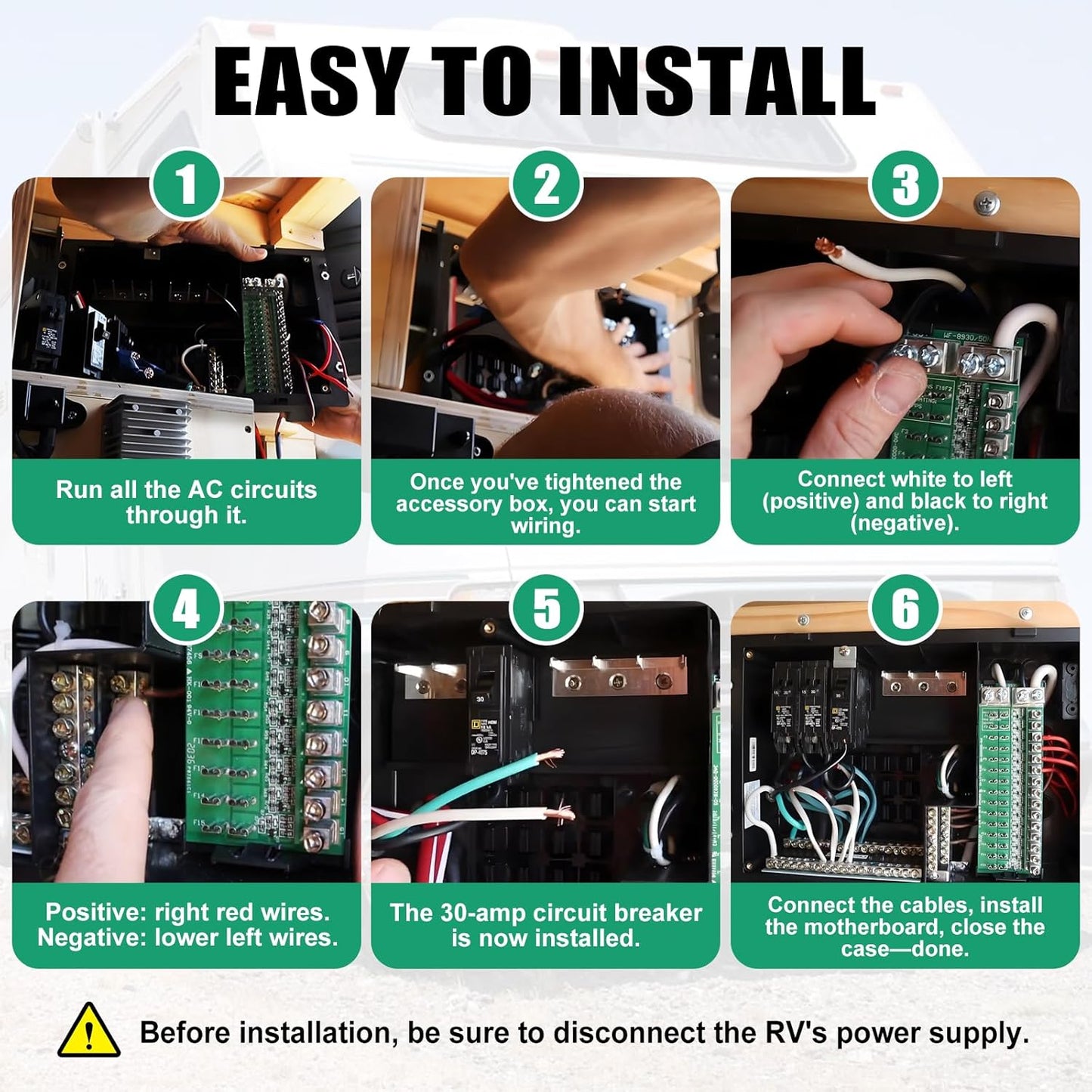 WF-8930 RV Generator and Component，30/50 Amp AC RV Power Distribution Center with 15 DC Circuits Black RV Power Center