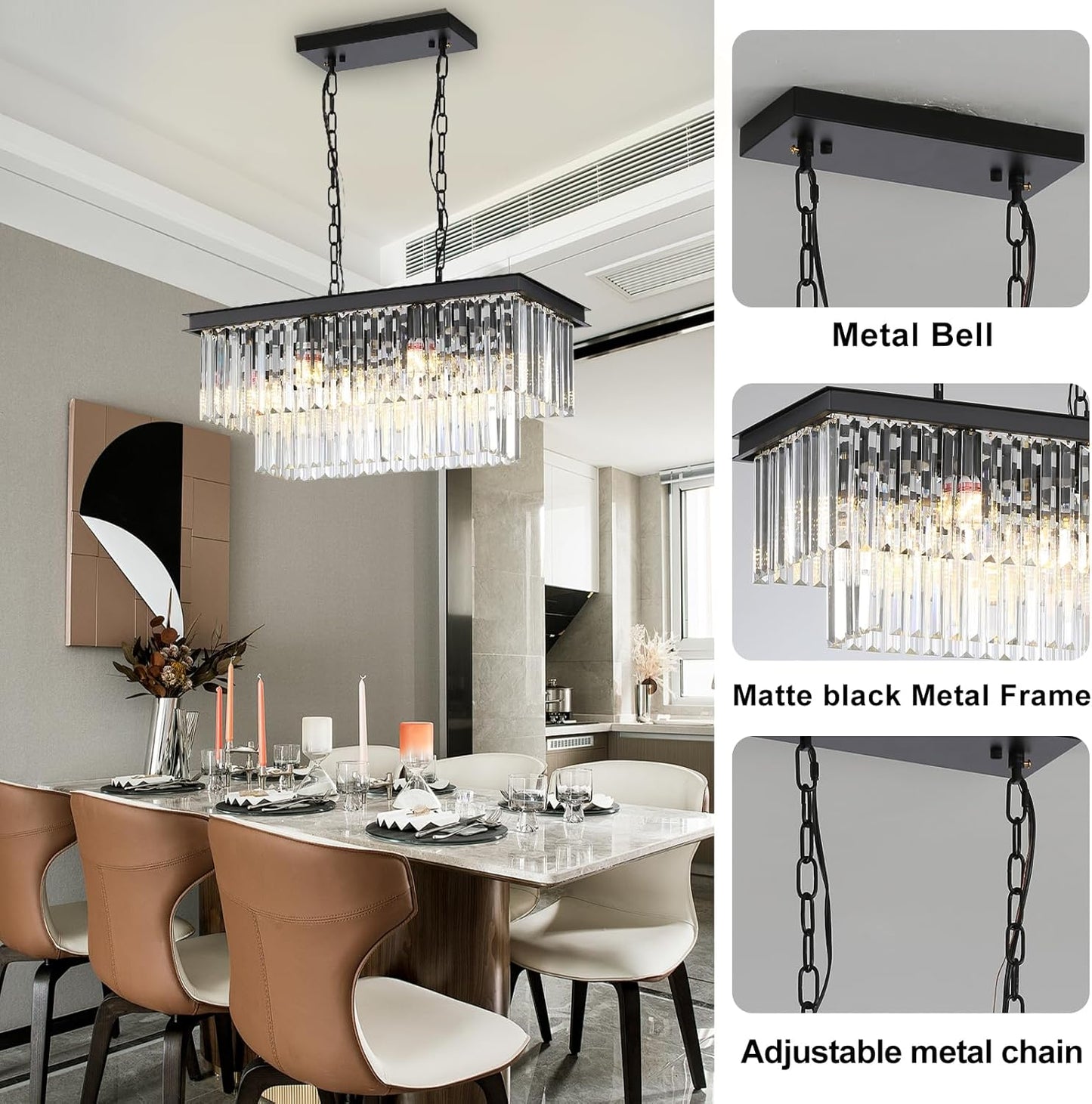 Wansi Shine 24' Modern Rectangle Crystal Chandeliers for Dining Room, 6-Light Rectangle Kitchen Island Chandeliers Light Fixture, Black Long K9