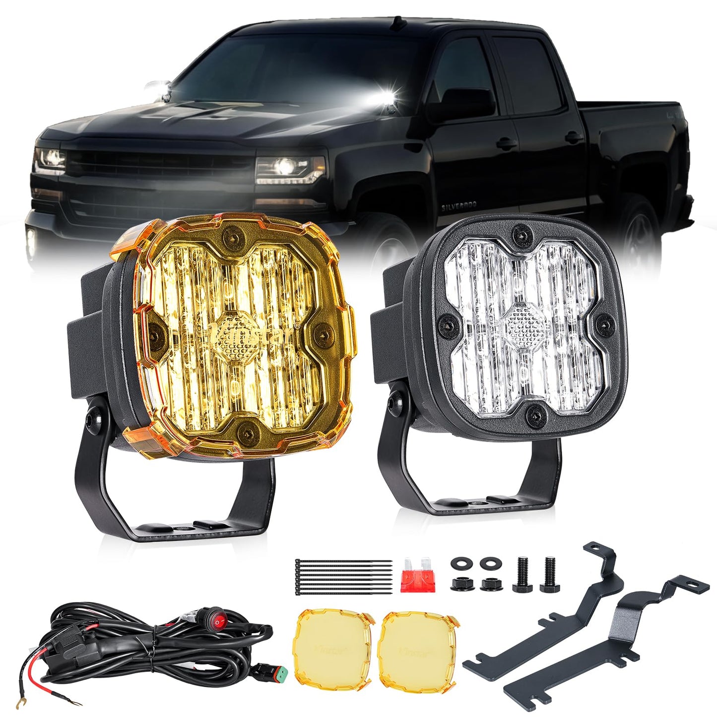 3 Inch LED Ditch Lights for 2014-2019 Silverado 1500, with A-Pillar Brackets Wiring Harness Combo Kits, 40W Spot Flood Offroad LED Lights Bar Pods White Yellow Lihgt, Pair C| Ditch Lights | 2014-2019 Silverado 1500