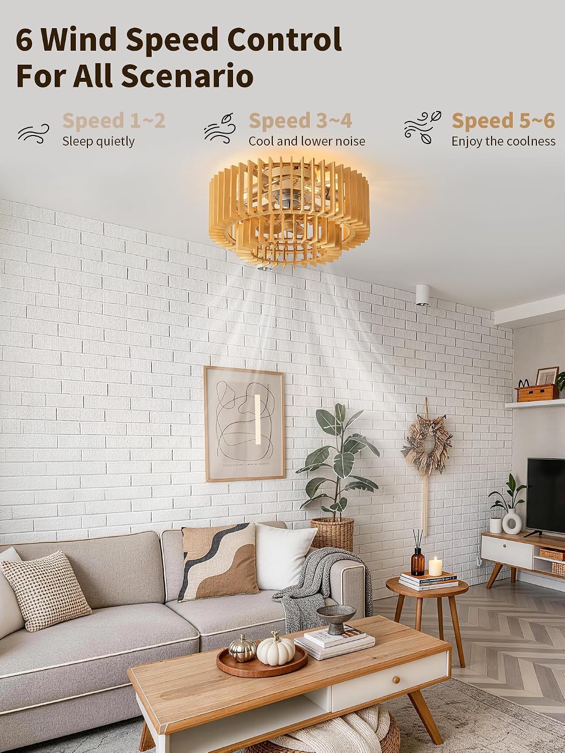 20" Wood Caged Ceiling Fans with Lights, Flush Mount Boho Ceiling Fan with Light Remote Control, Low Profile with 6 Speeds for Bedroom, Nursery, Living Room Beige