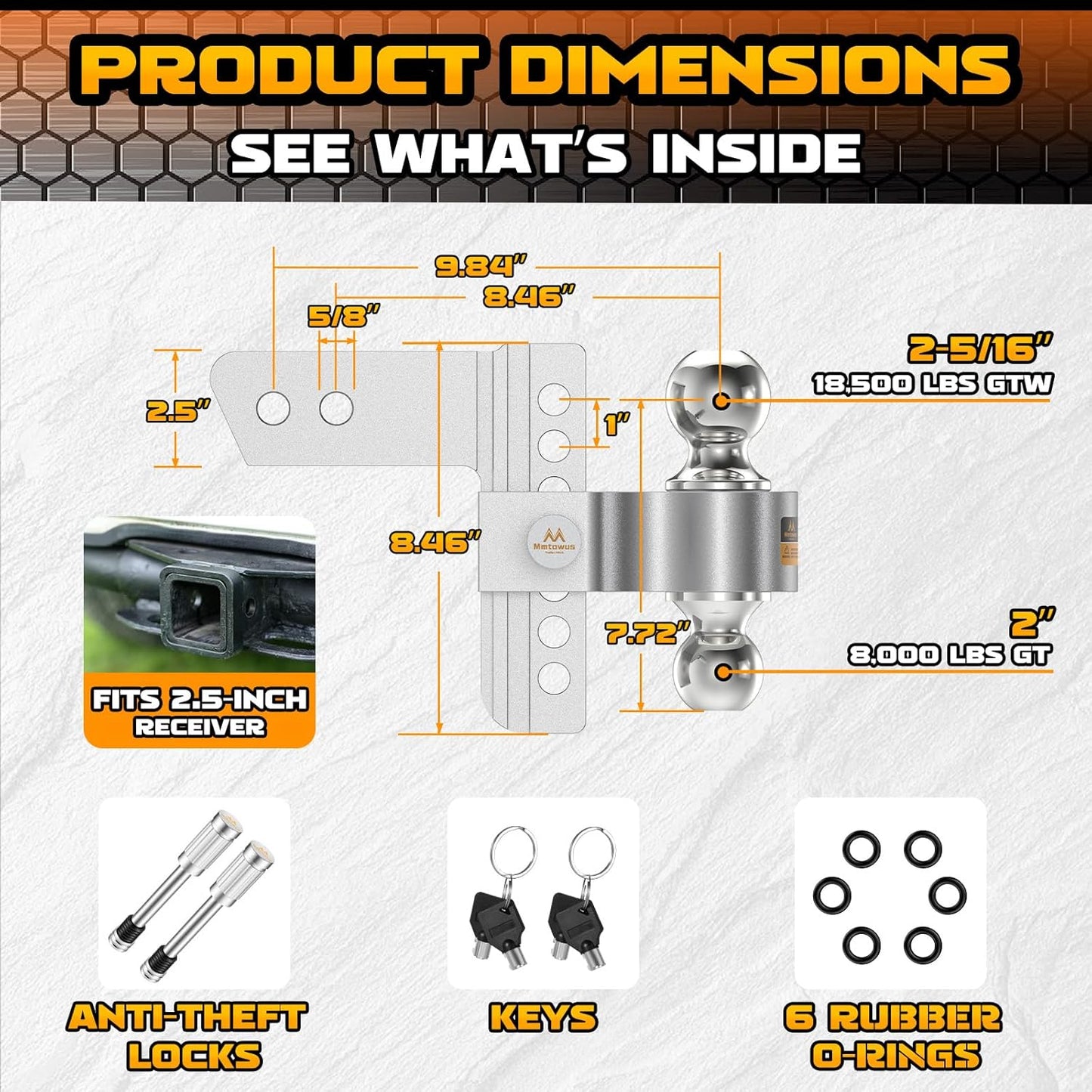 Adjustable Trailer Hitch -Drop Hitch 2.5 Inch Receiver, Aluminum Tow Hitch with 6" Drop/Rise, Dual Ball Mount (2" & 2-5/16") Ball Hitches for Truck, Weatherproof 2X Anti-Theft Hitch Pin Locks