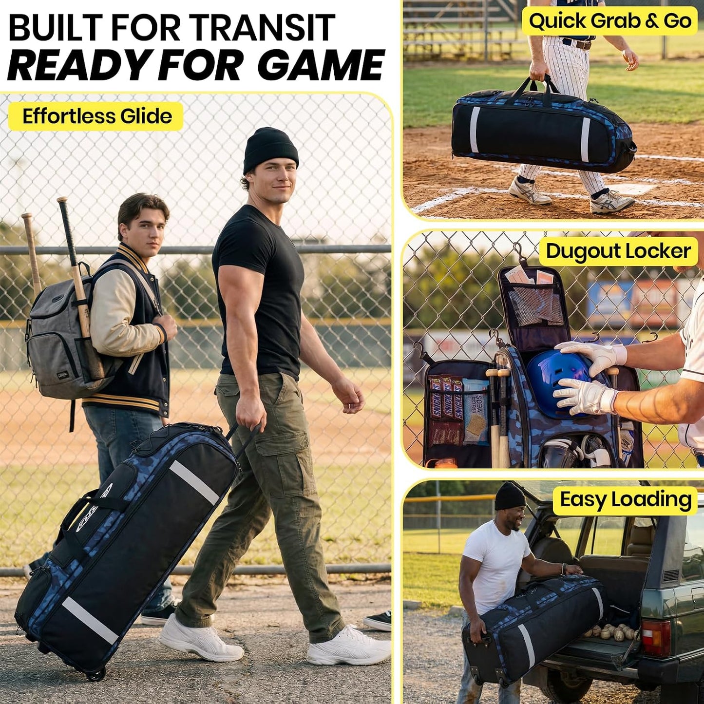Fanwoli 100L Rolling Baseball Catchers Gear Bag, 5-Hook Dugout Organizer Midnight Stealth Camo-1